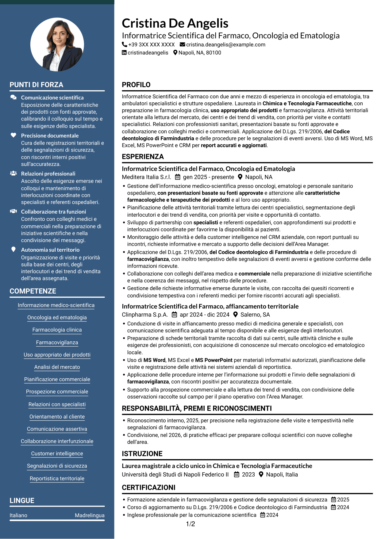 CV Elegante (formato con colonna laterale colorata e foto): Informatore Scientifico del Farmaco - Oncologia ed Ematologia, pagina 1