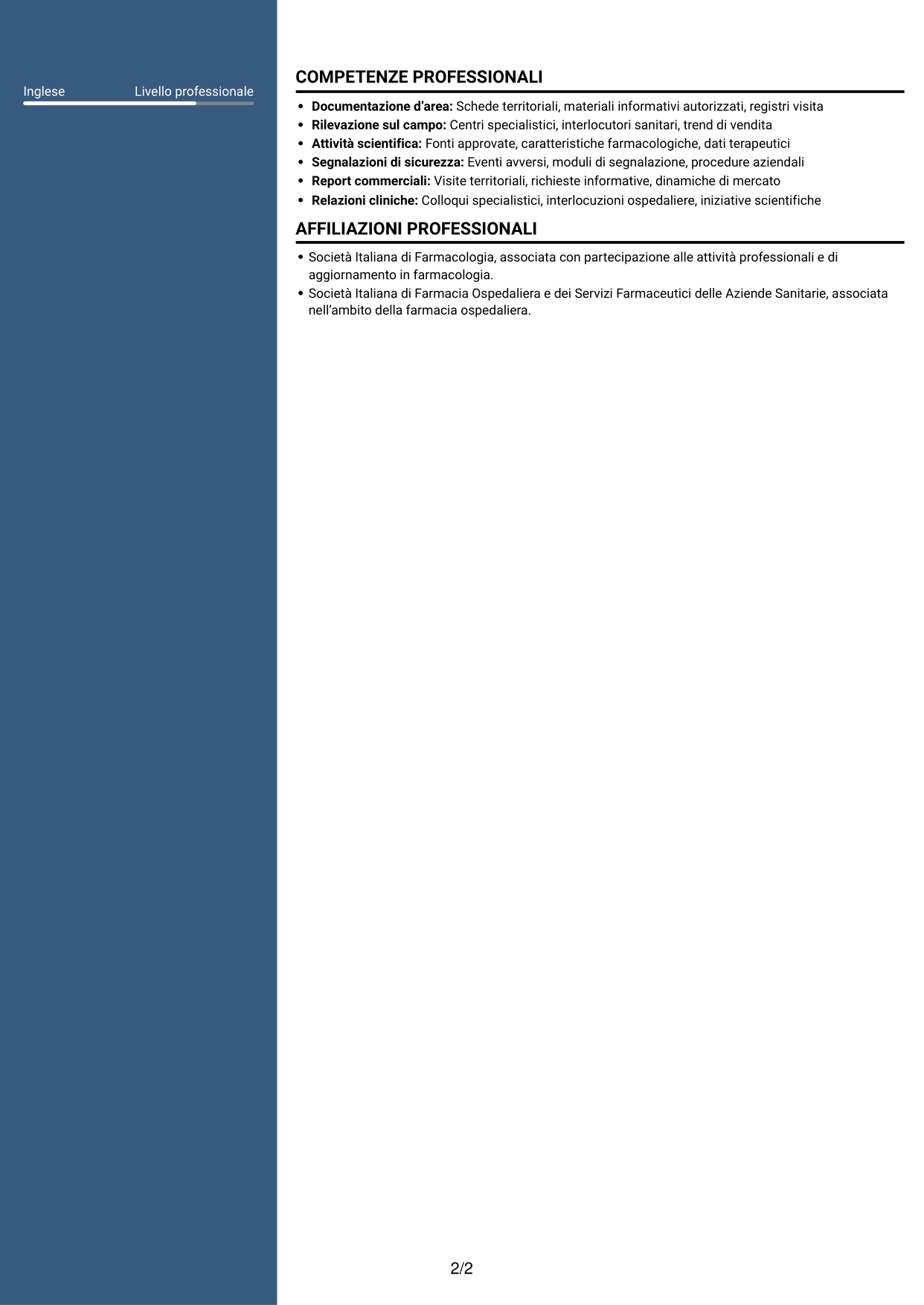CV Elegante (formato con colonna laterale colorata e foto): Informatore Scientifico del Farmaco - Oncologia ed Ematologia, pagina 2