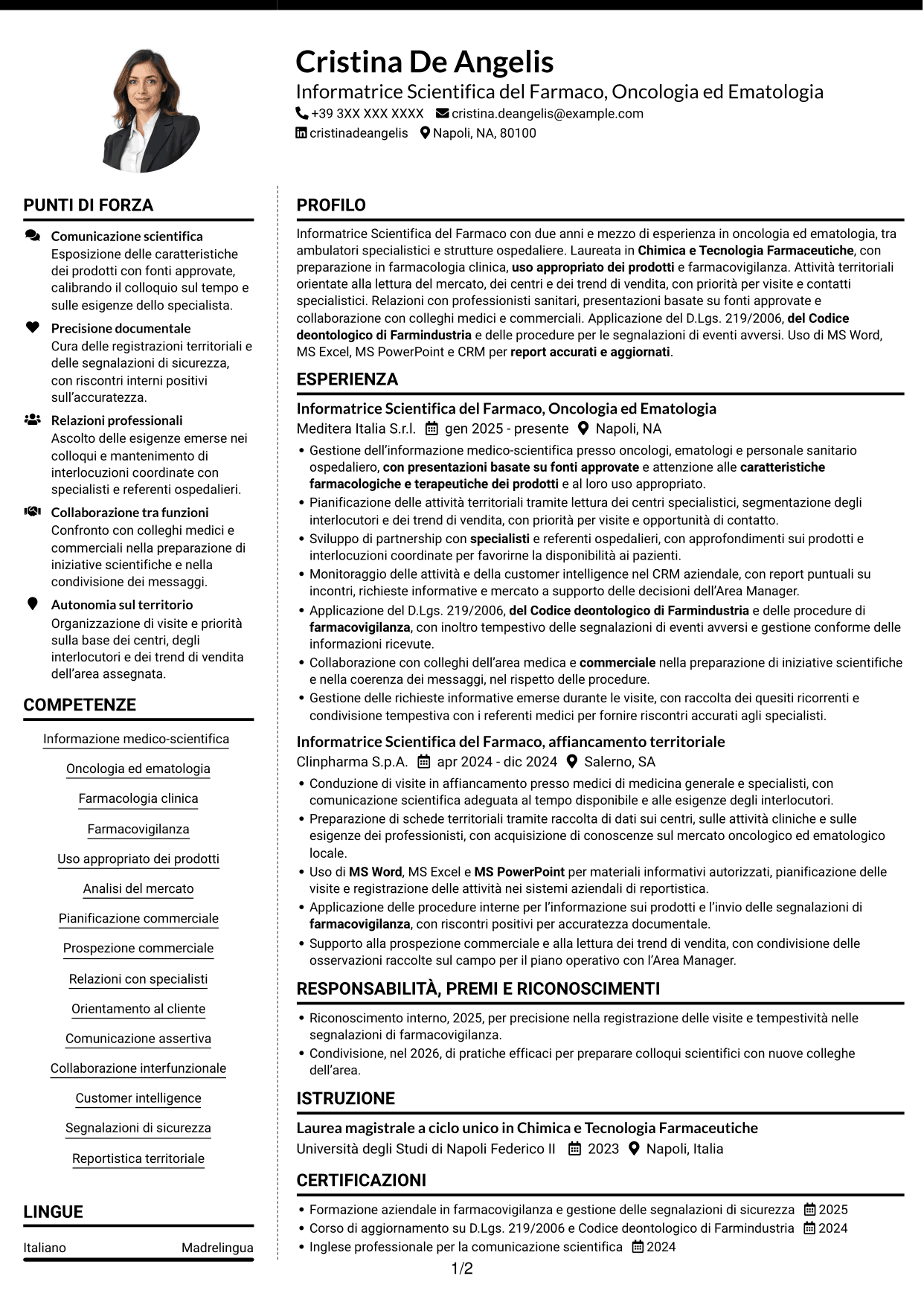 CV Moderno (formato a due colonne con foto a sinistra e separatore): Informatore Scientifico del Farmaco - Oncologia ed Ematologia, pagina 1