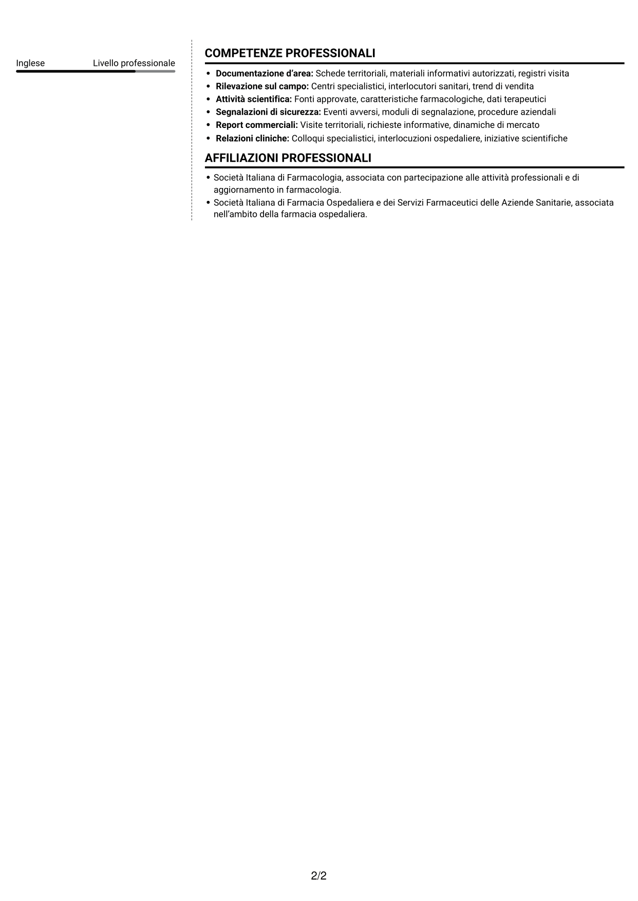 CV Moderno (formato a due colonne con foto a sinistra e separatore): Informatore Scientifico del Farmaco - Oncologia ed Ematologia, pagina 2