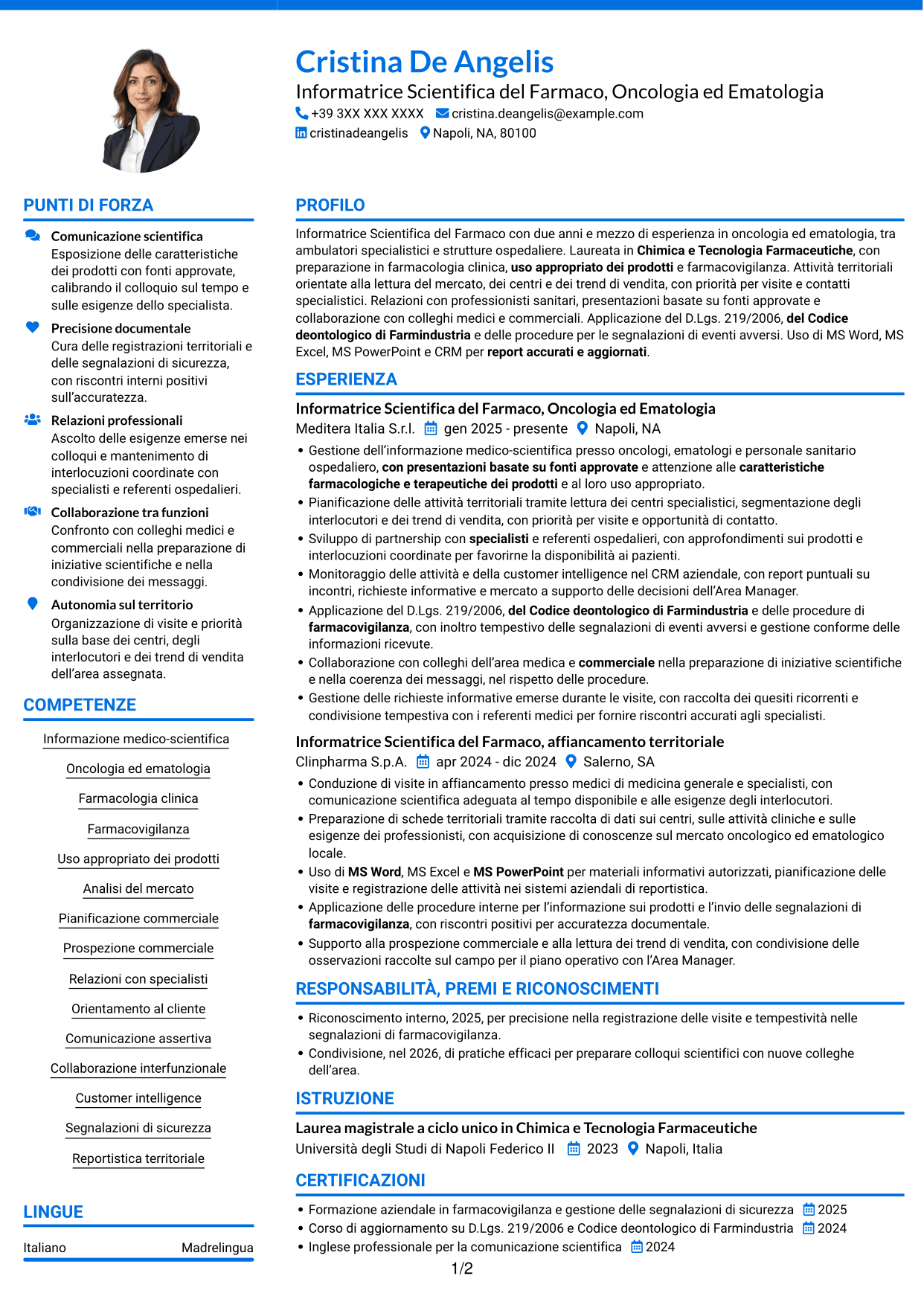 CV Audace (formato a due colonne con accenti colorati e foto): Informatore Scientifico del Farmaco - Oncologia ed Ematologia, pagina 1