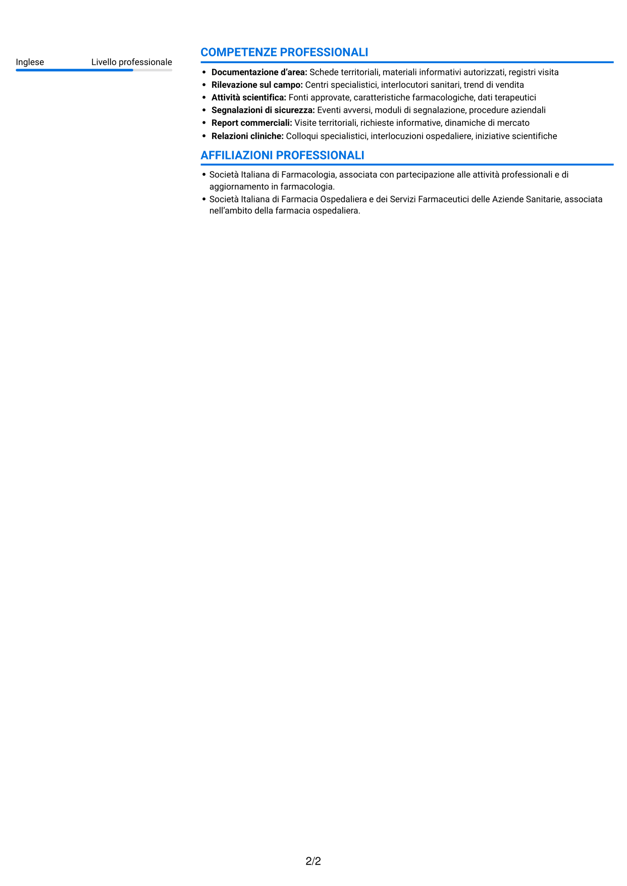 CV Audace (formato a due colonne con accenti colorati e foto): Informatore Scientifico del Farmaco - Oncologia ed Ematologia, pagina 2