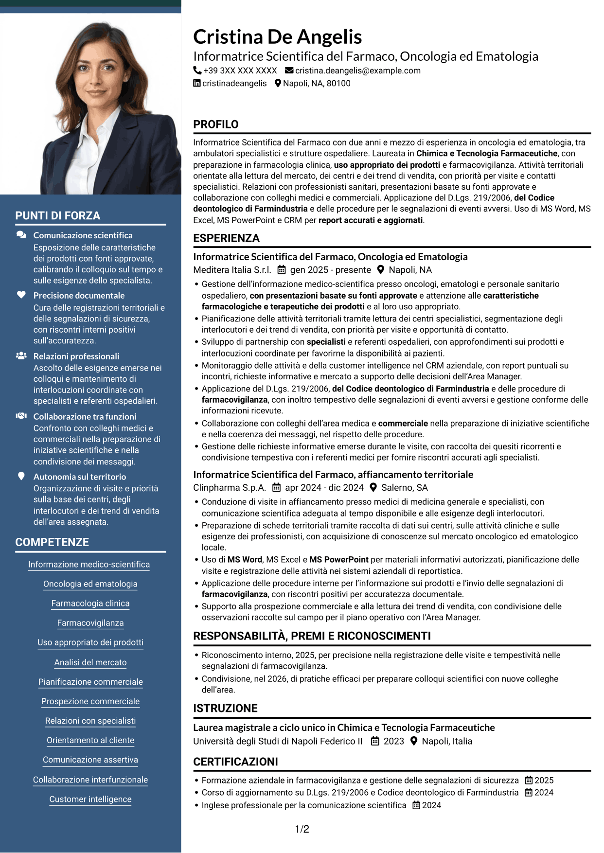 CV Signature (formato con colonna laterale colorata e foto grande): Informatore Scientifico del Farmaco - Oncologia ed Ematologia, pagina 1