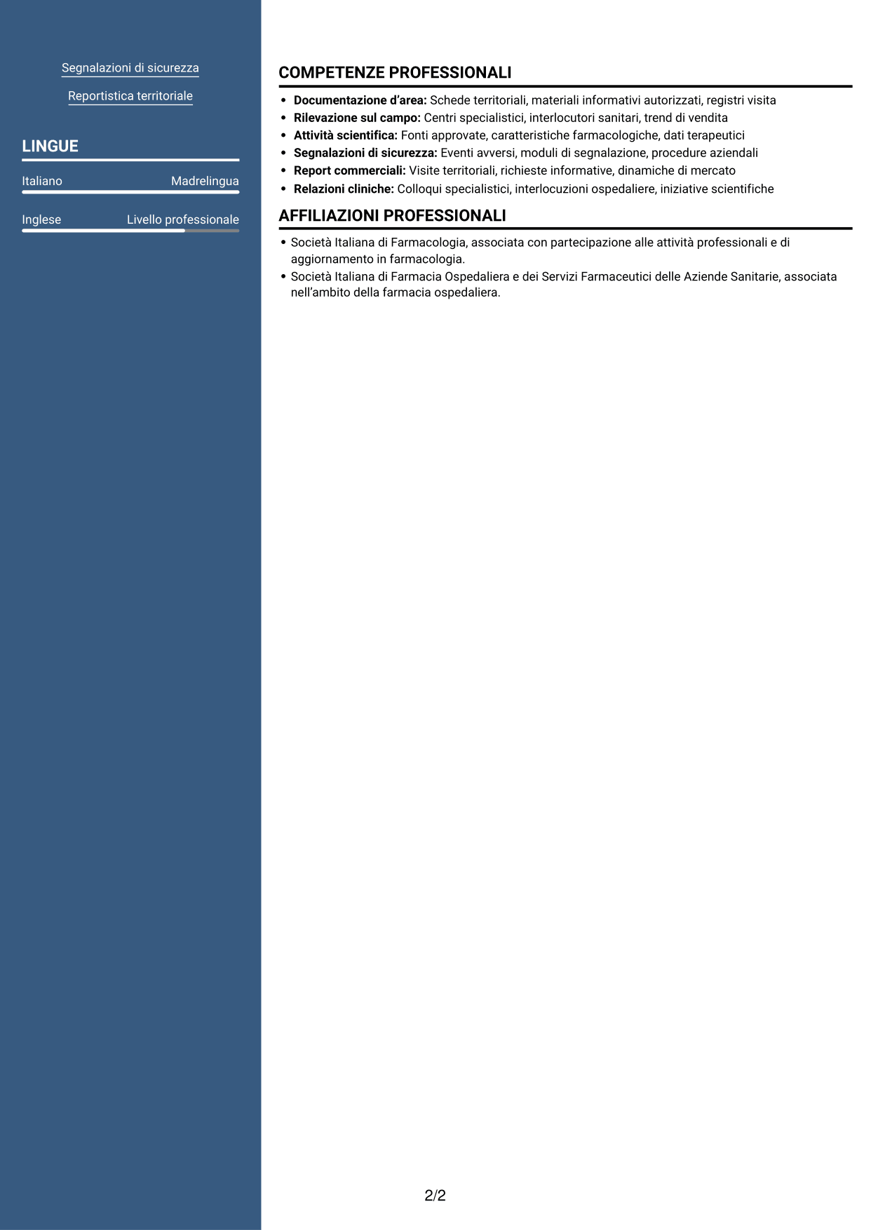 CV Signature (formato con colonna laterale colorata e foto grande): Informatore Scientifico del Farmaco - Oncologia ed Ematologia, pagina 2
