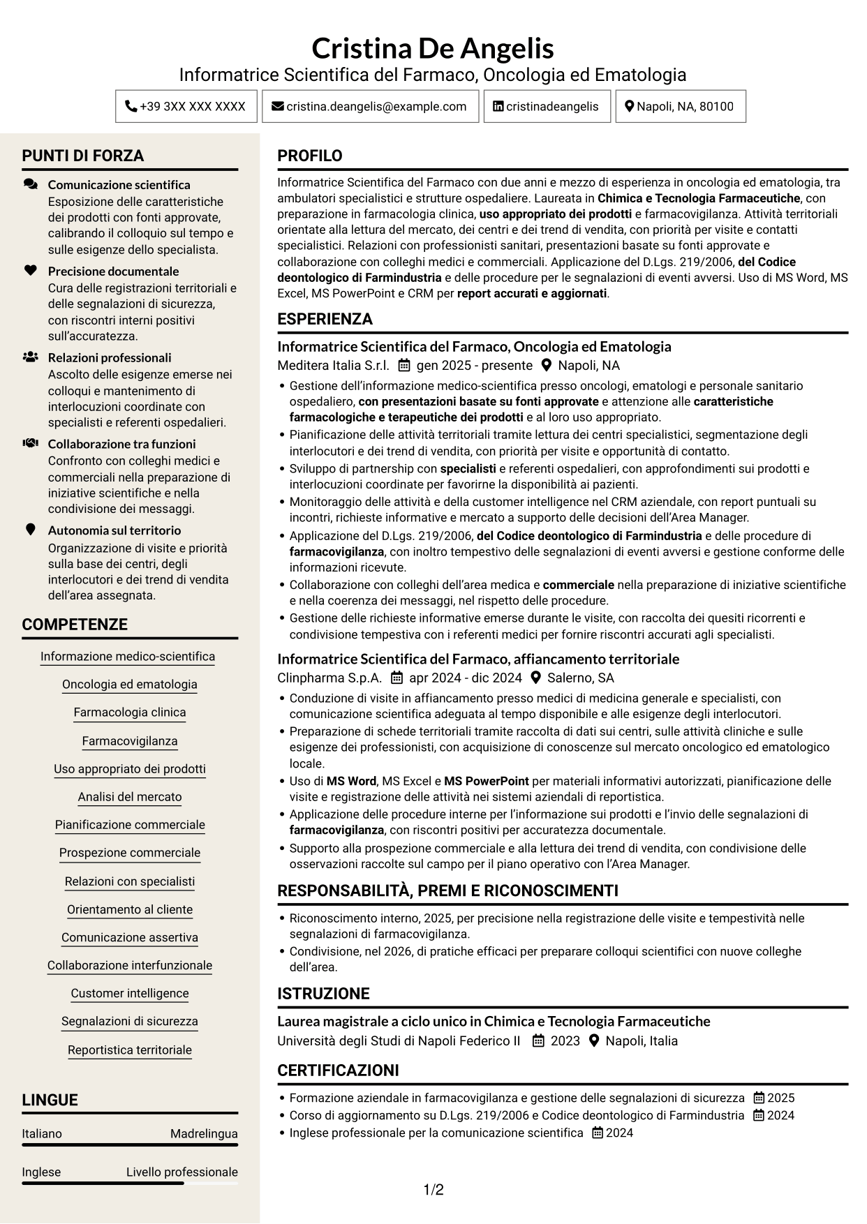 CV Intraprendente (formato a due colonne con intestazione centrata senza foto): Informatore Scientifico del Farmaco - Oncologia ed Ematologia, pagina 1