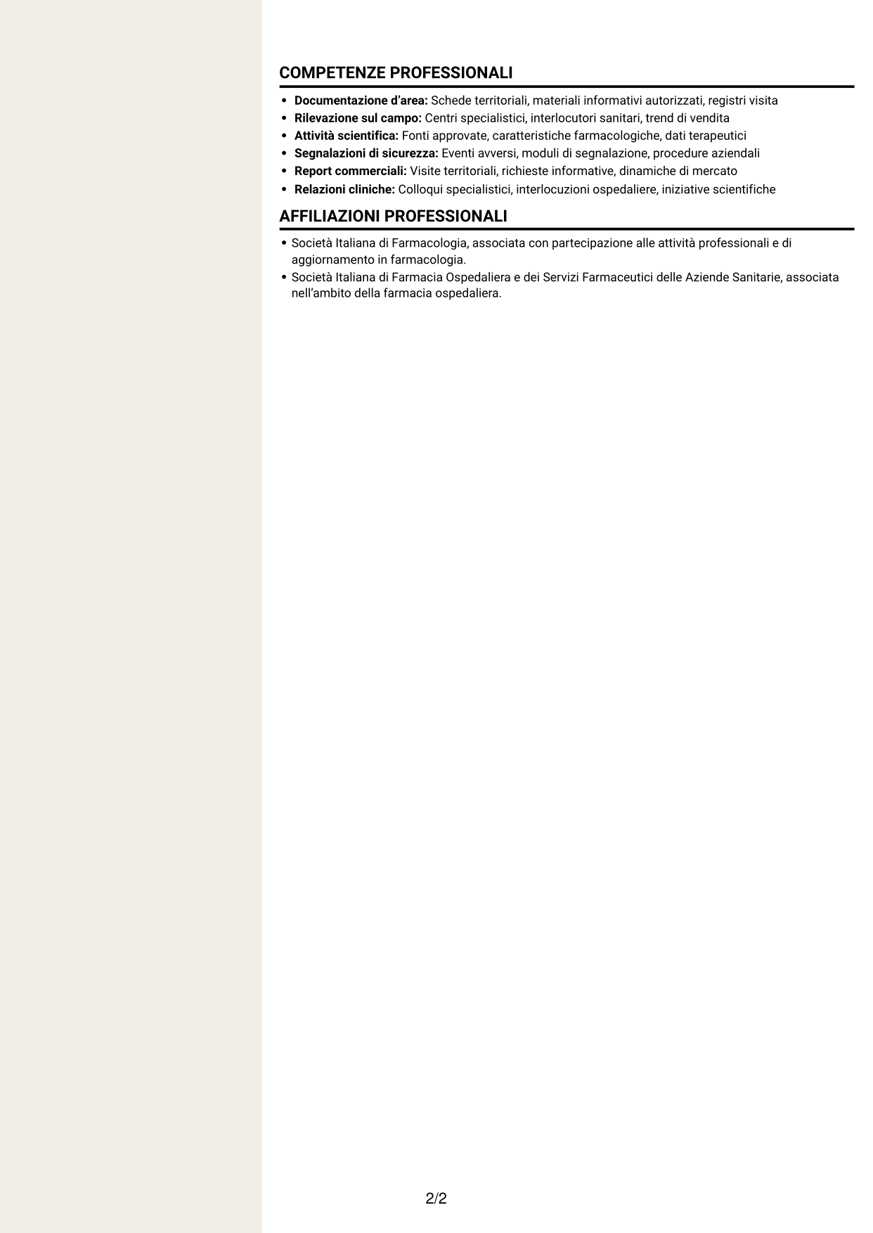 CV Intraprendente (formato a due colonne con intestazione centrata senza foto): Informatore Scientifico del Farmaco - Oncologia ed Ematologia, pagina 2