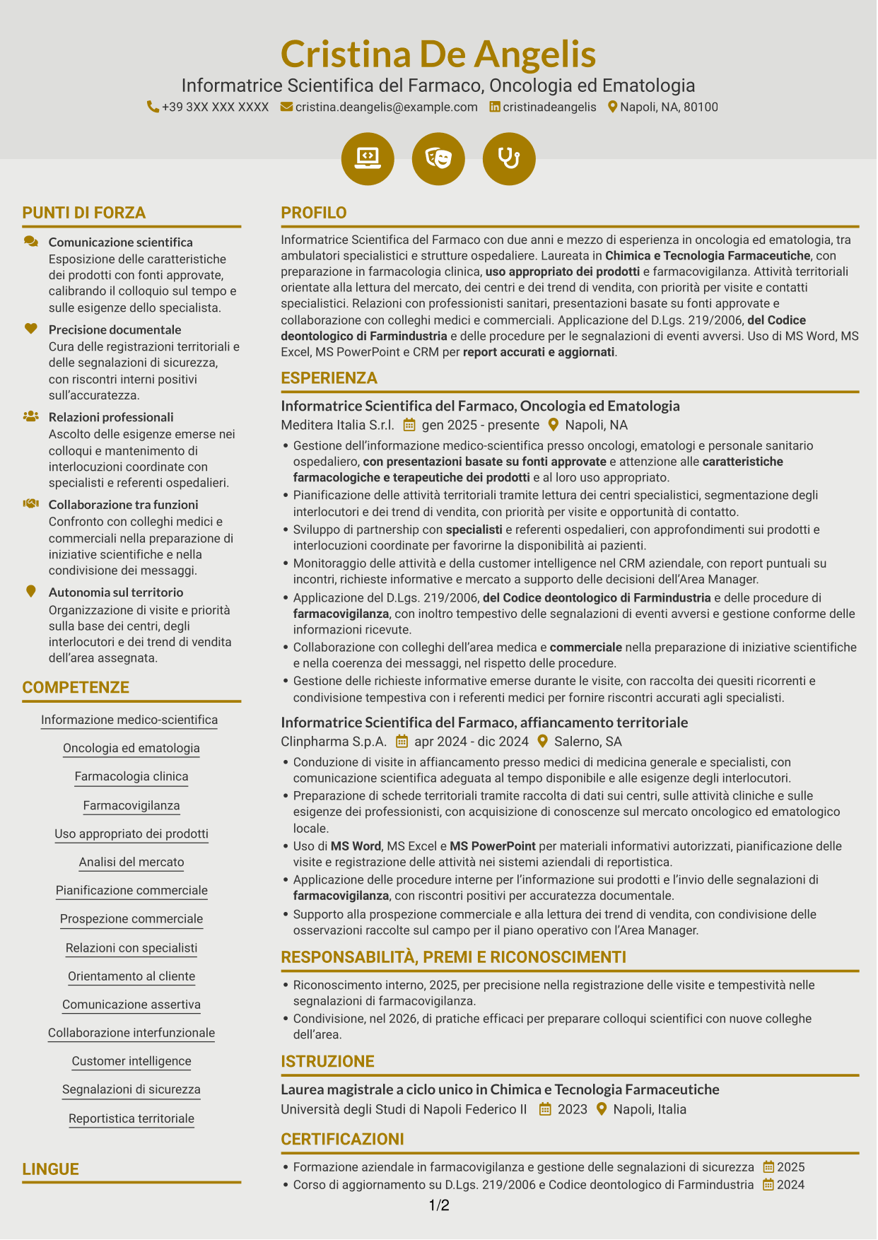 CV Dinamico (formato a due colonne con icone): Informatore Scientifico del Farmaco - Oncologia ed Ematologia, pagina 1