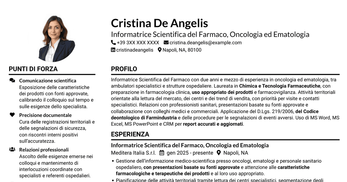 7 modelli di CV per Informatore Scientifico del Farmaco - Oncologia ed Ematologia, con esempi