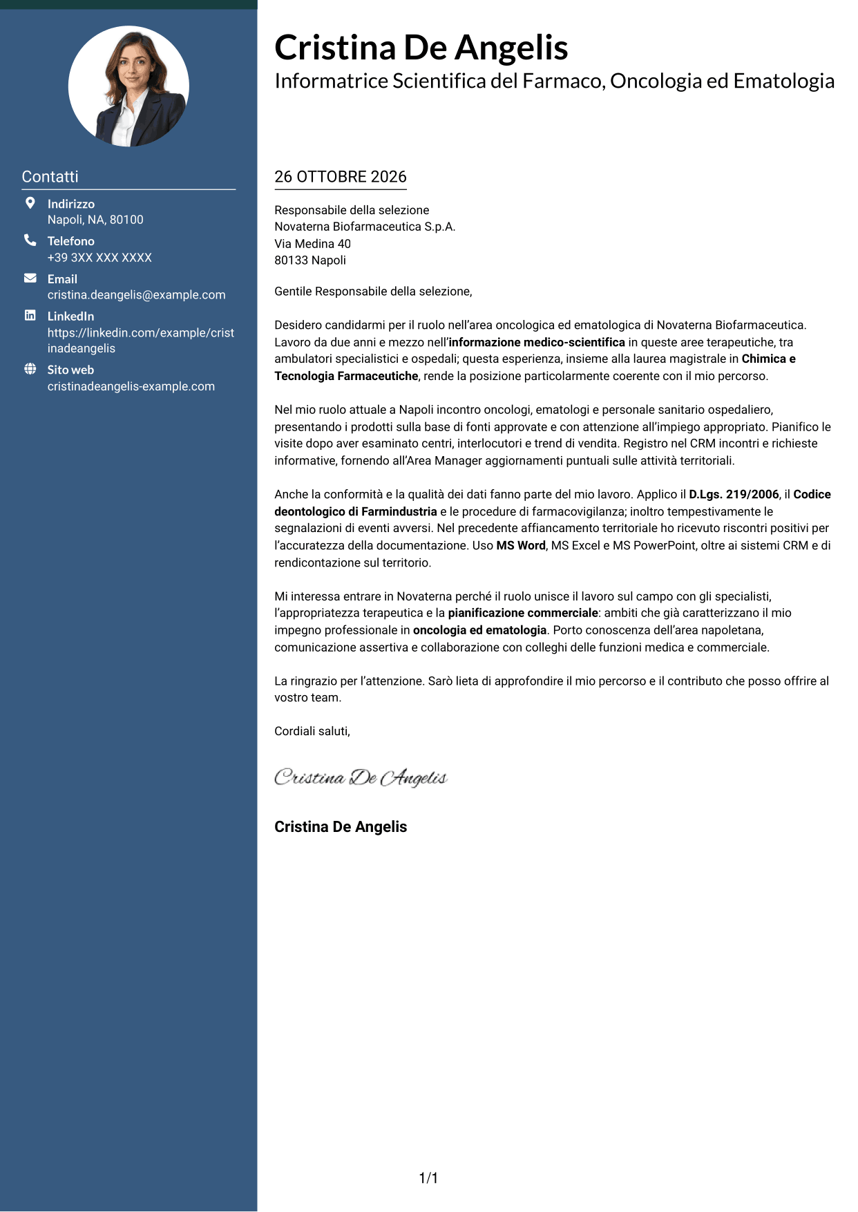 Lettera di presentazione Elegante (formato con colonna laterale colorata e foto): Informatore Scientifico del Farmaco - Oncologia ed Ematologia, pagina 1