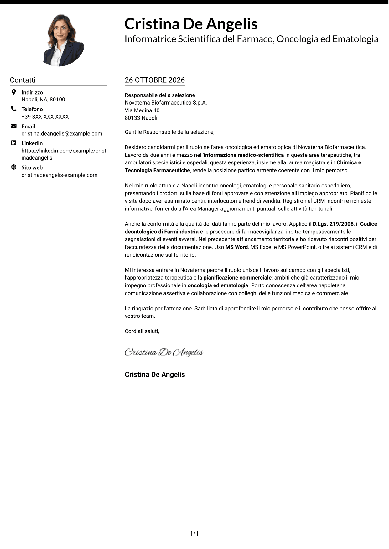 Lettera di presentazione Moderno (formato a due colonne con foto a sinistra e separatore): Informatore Scientifico del Farmaco - Oncologia ed Ematologia, pagina 1