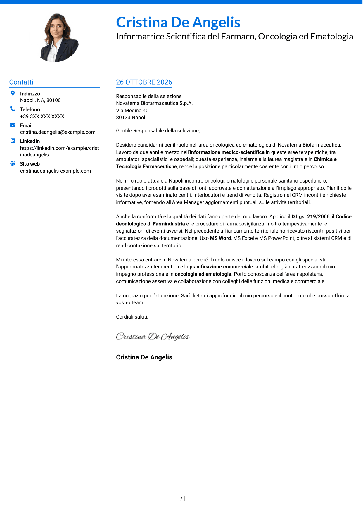 Lettera di presentazione Audace (formato a due colonne con accenti colorati e foto): Informatore Scientifico del Farmaco - Oncologia ed Ematologia, pagina 1