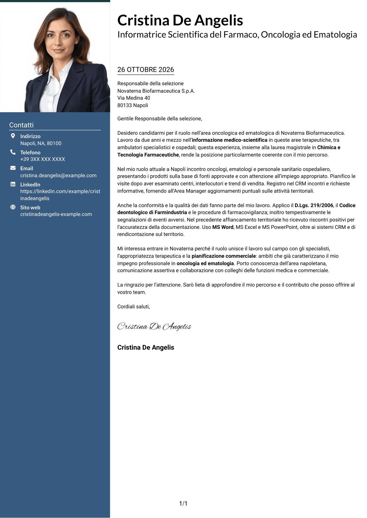 Lettera di presentazione Signature (formato con colonna laterale colorata e foto grande): Informatore Scientifico del Farmaco - Oncologia ed Ematologia, pagina 1