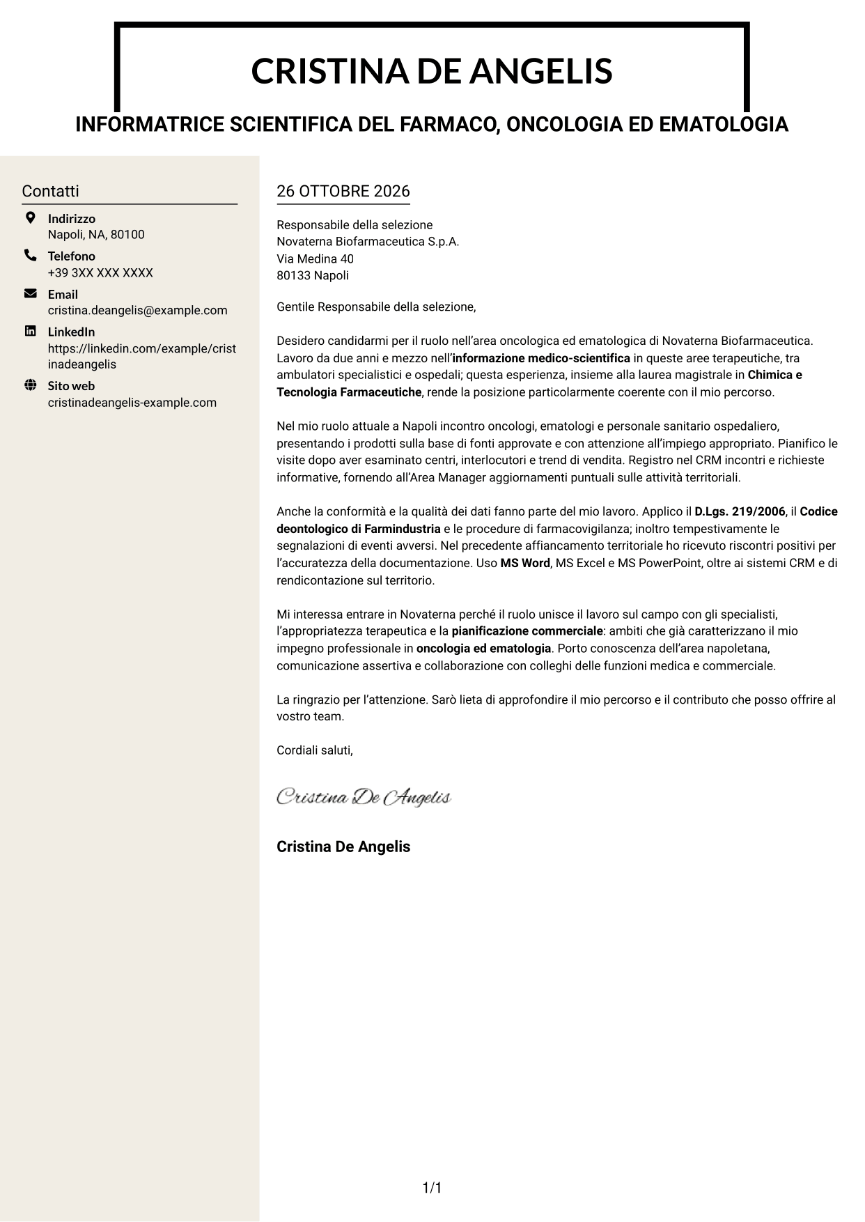 Lettera di presentazione Intraprendente (formato a due colonne con intestazione centrata senza foto): Informatore Scientifico del Farmaco - Oncologia ed Ematologia, pagina 1