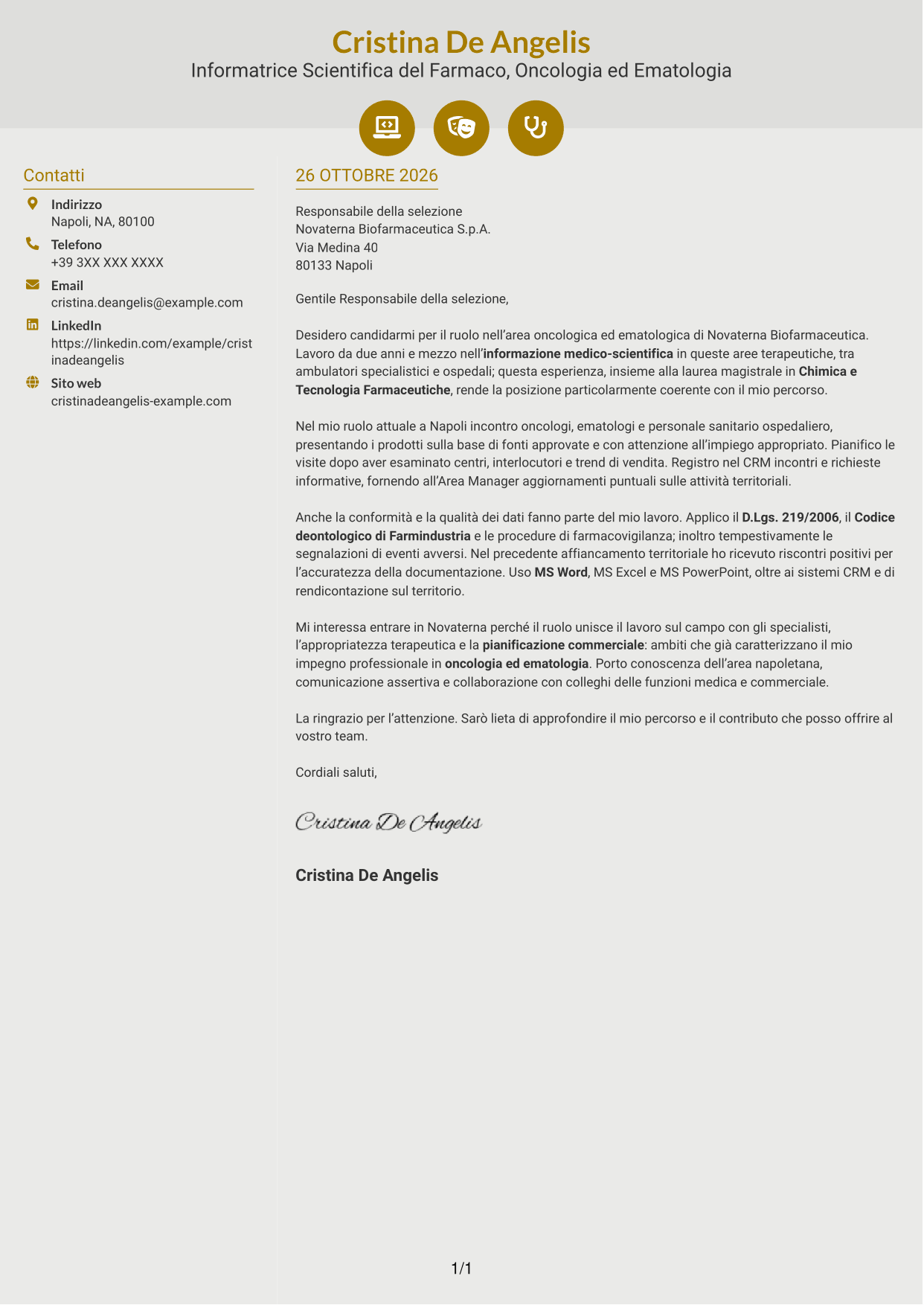 Lettera di presentazione Dinamico (formato a due colonne con icone): Informatore Scientifico del Farmaco - Oncologia ed Ematologia, pagina 1