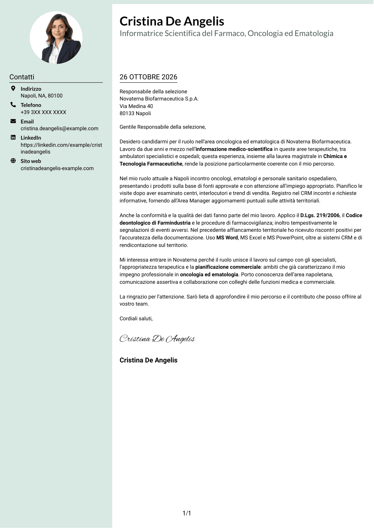 Lettera di presentazione Dirigente (formato con colonna laterale tenue e foto arrotondata): Informatore Scientifico del Farmaco - Oncologia ed Ematologia, pagina 1