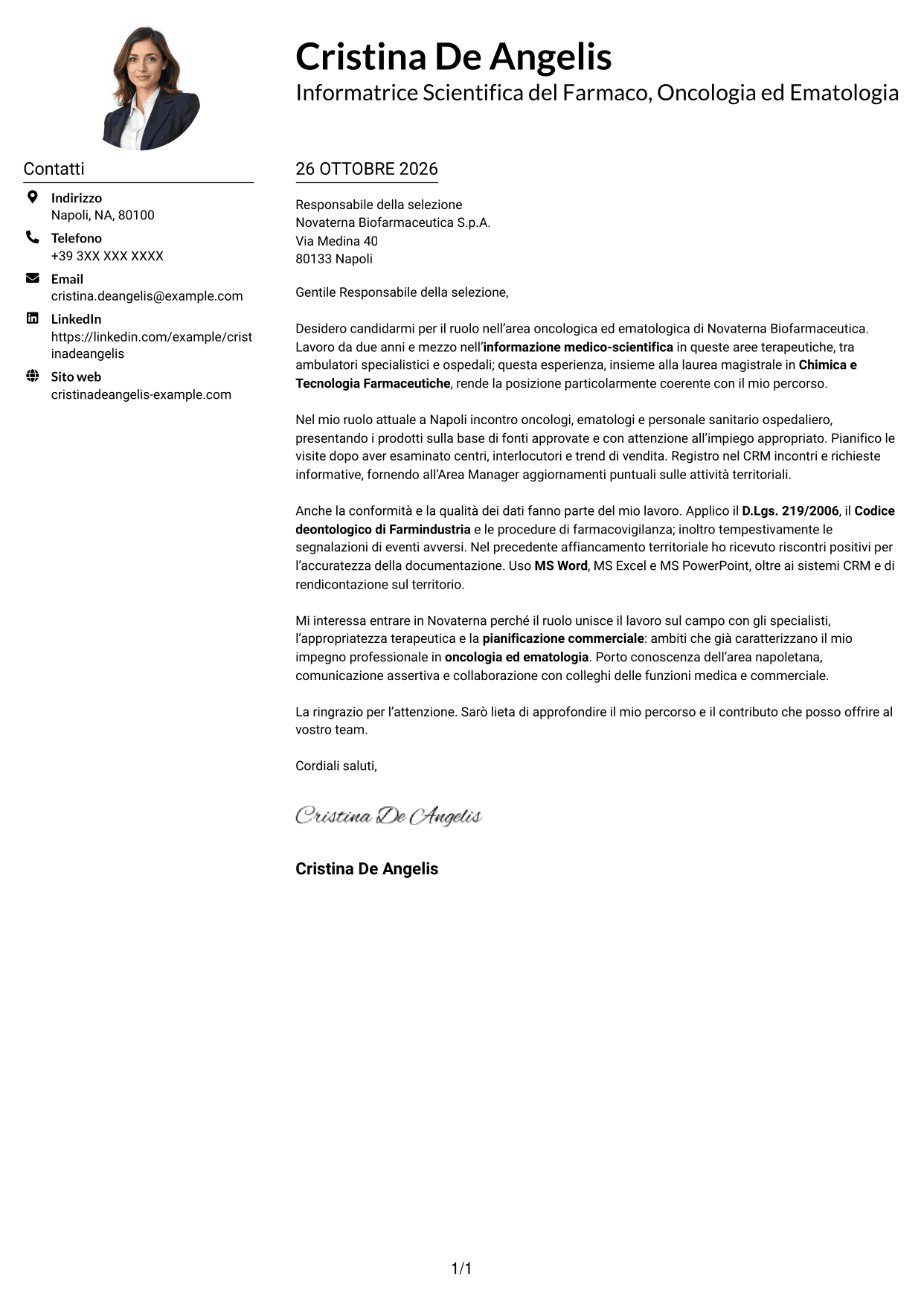 Esempio di lettera di presentazione — pagina 1