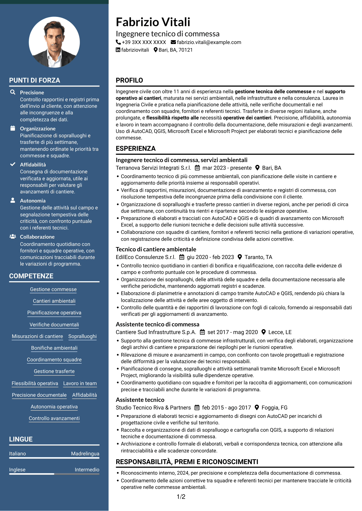 CV Elegante (formato con colonna laterale colorata e foto): Ingegnere civile/ambientale - Cantieri ambientali, pagina 1