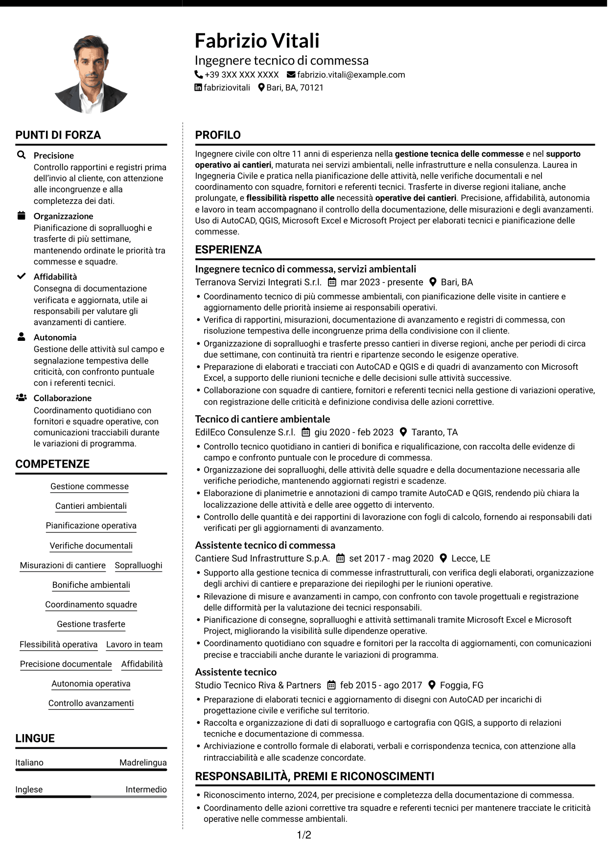 CV Moderno (formato a due colonne con foto a sinistra e separatore): Ingegnere civile/ambientale - Cantieri ambientali, pagina 1
