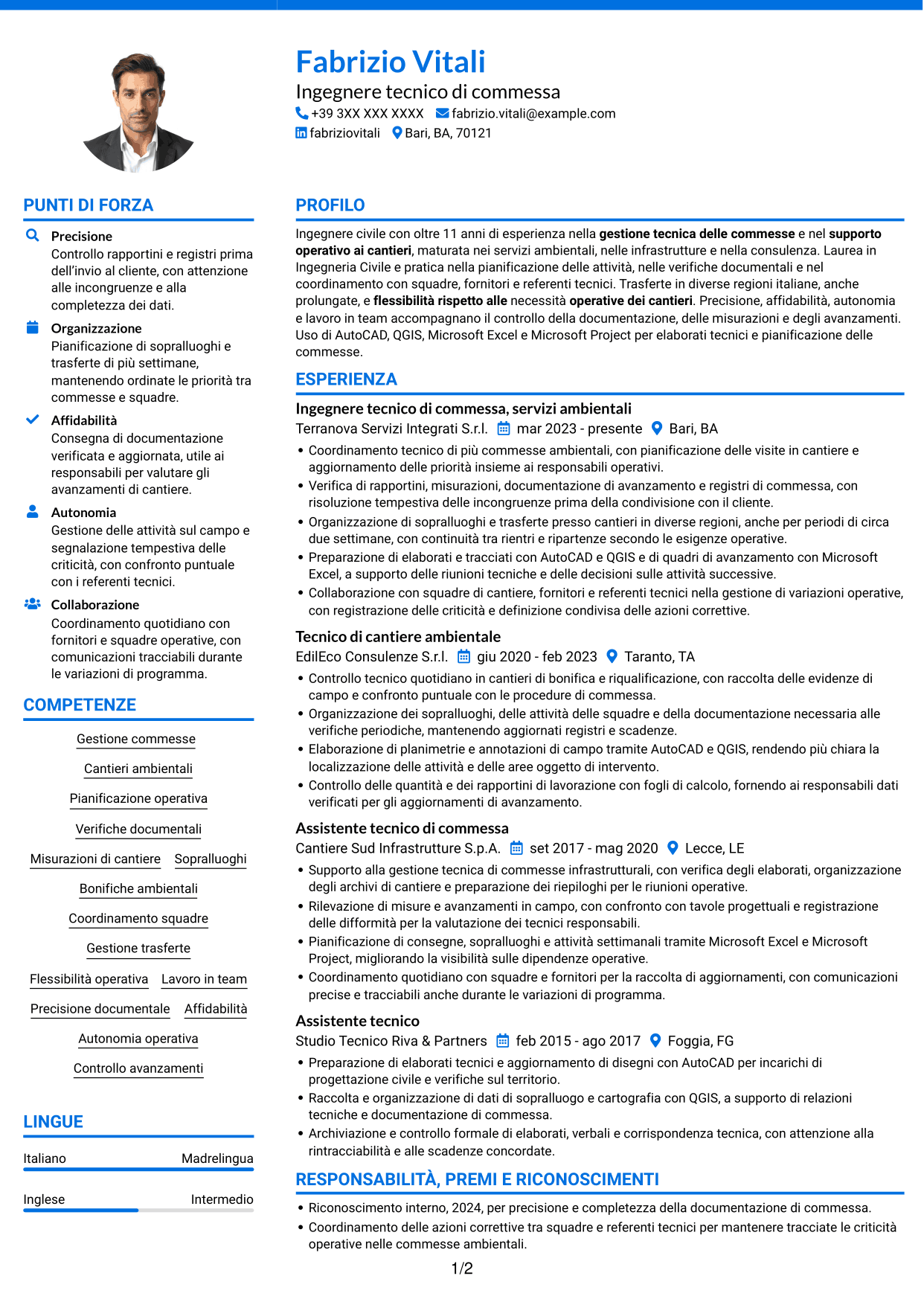 CV Audace (formato a due colonne con accenti colorati e foto): Ingegnere civile/ambientale - Cantieri ambientali, pagina 1
