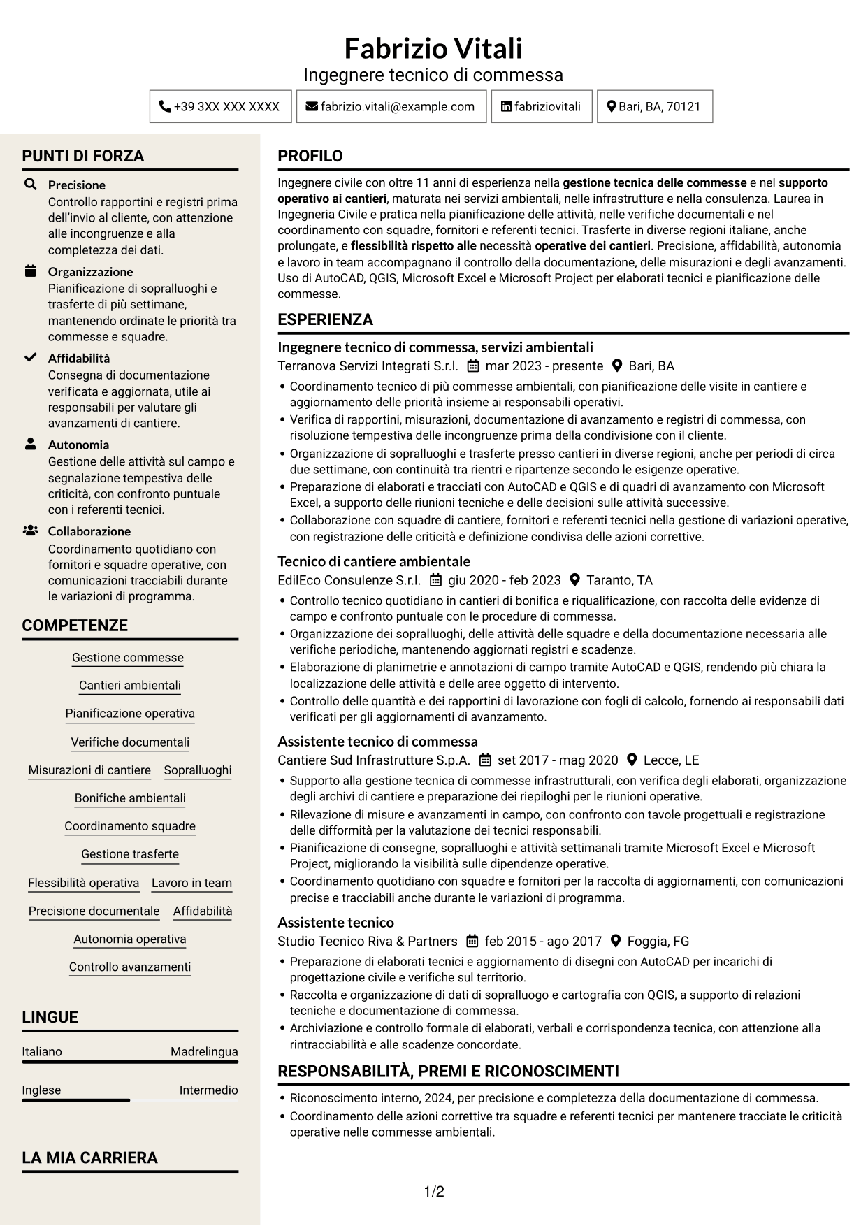 CV Intraprendente (formato a due colonne con intestazione centrata senza foto): Ingegnere civile/ambientale - Cantieri ambientali, pagina 1