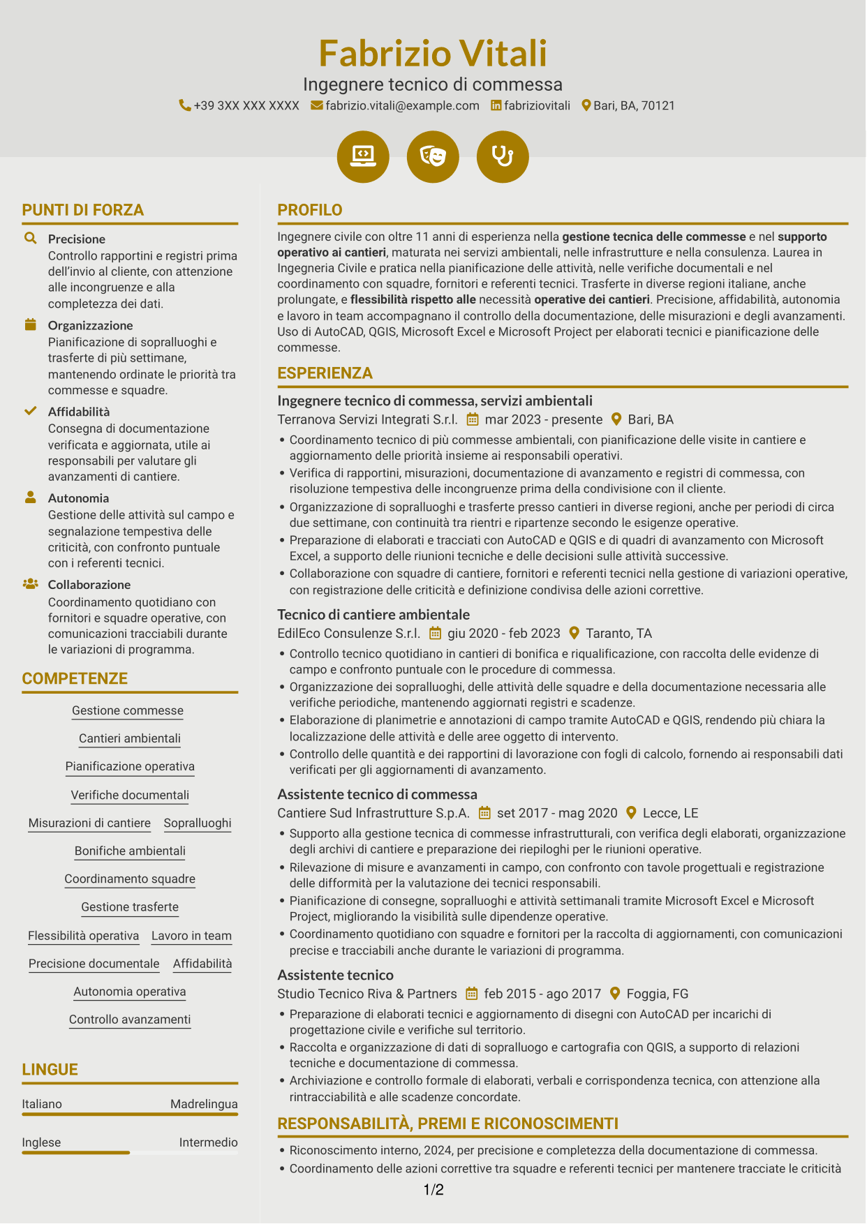 CV Dinamico (formato a due colonne con icone): Ingegnere civile/ambientale - Cantieri ambientali, pagina 1
