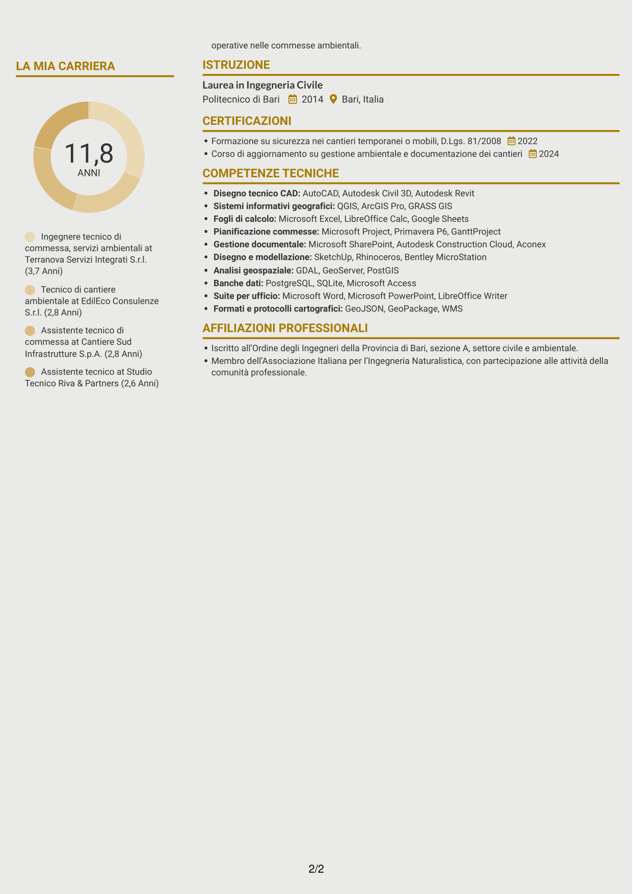 CV Dinamico (formato a due colonne con icone): Ingegnere civile/ambientale - Cantieri ambientali, pagina 2