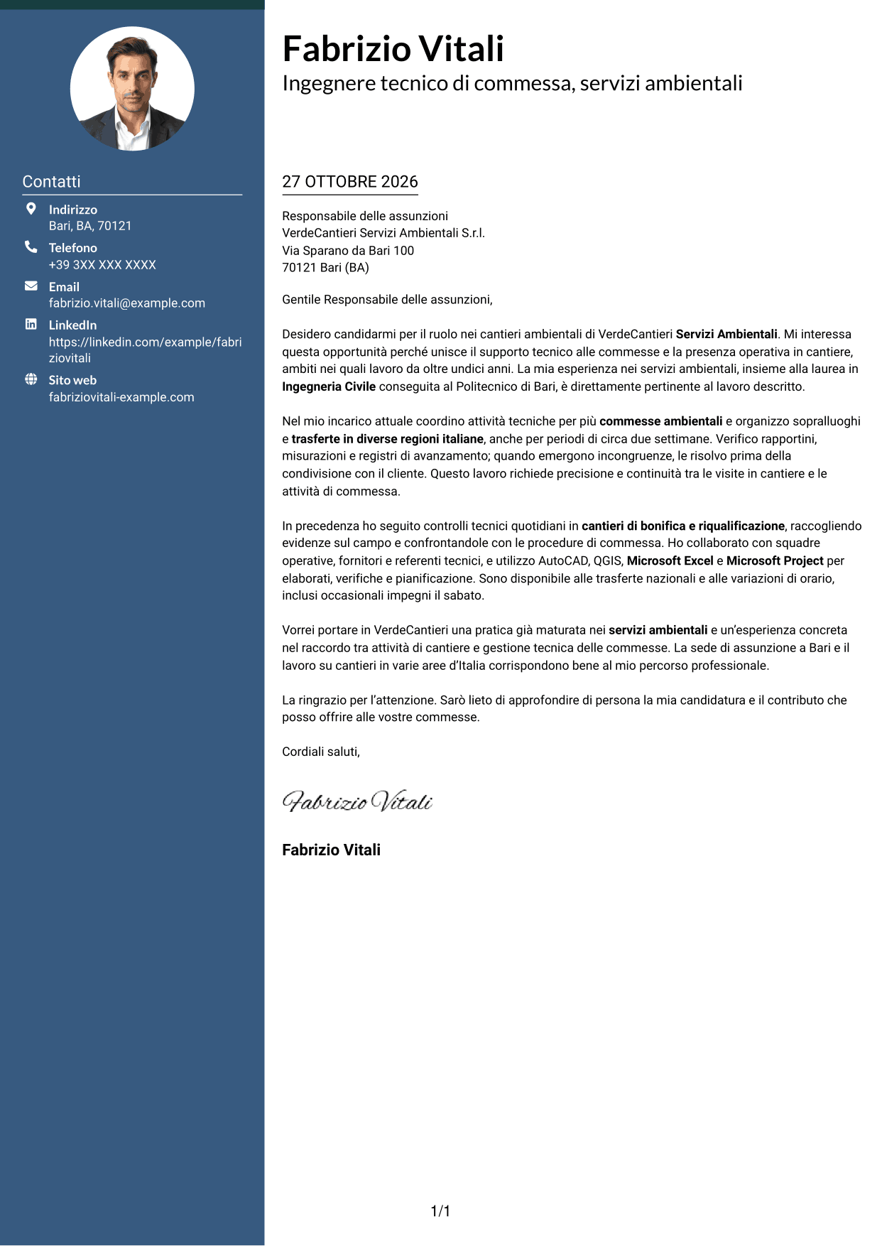 Lettera di presentazione Elegante (formato con colonna laterale colorata e foto): Ingegnere civile/ambientale - Cantieri ambientali, pagina 1