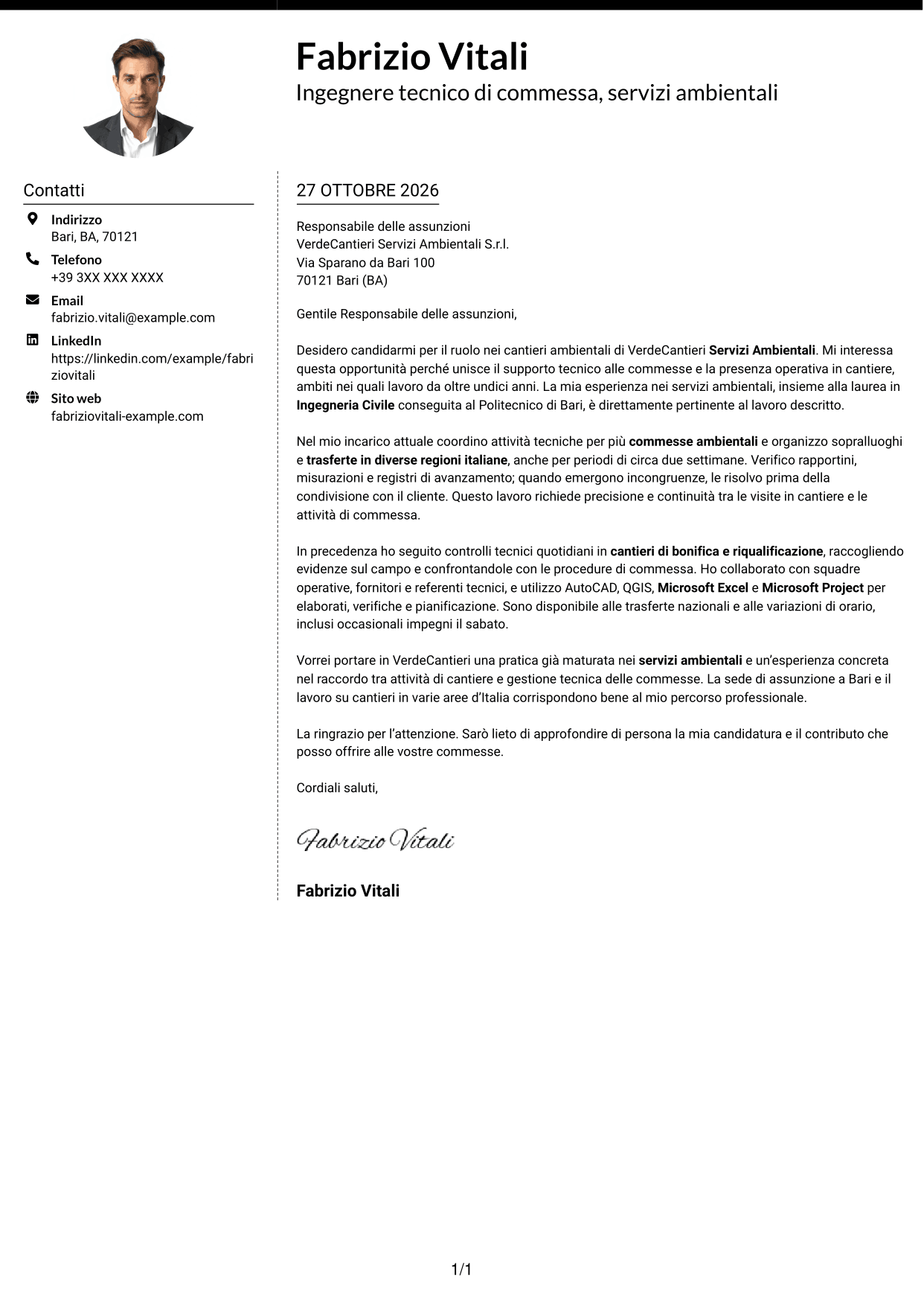 Lettera di presentazione Moderno (formato a due colonne con foto a sinistra e separatore): Ingegnere civile/ambientale - Cantieri ambientali, pagina 1