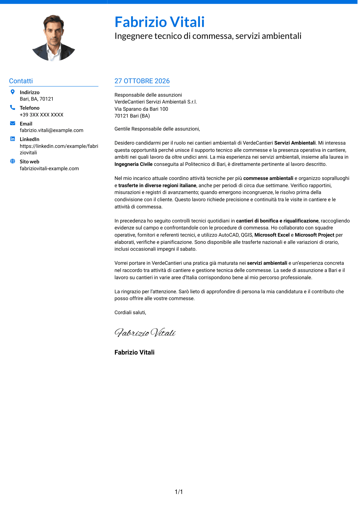 Lettera di presentazione Audace (formato a due colonne con accenti colorati e foto): Ingegnere civile/ambientale - Cantieri ambientali, pagina 1