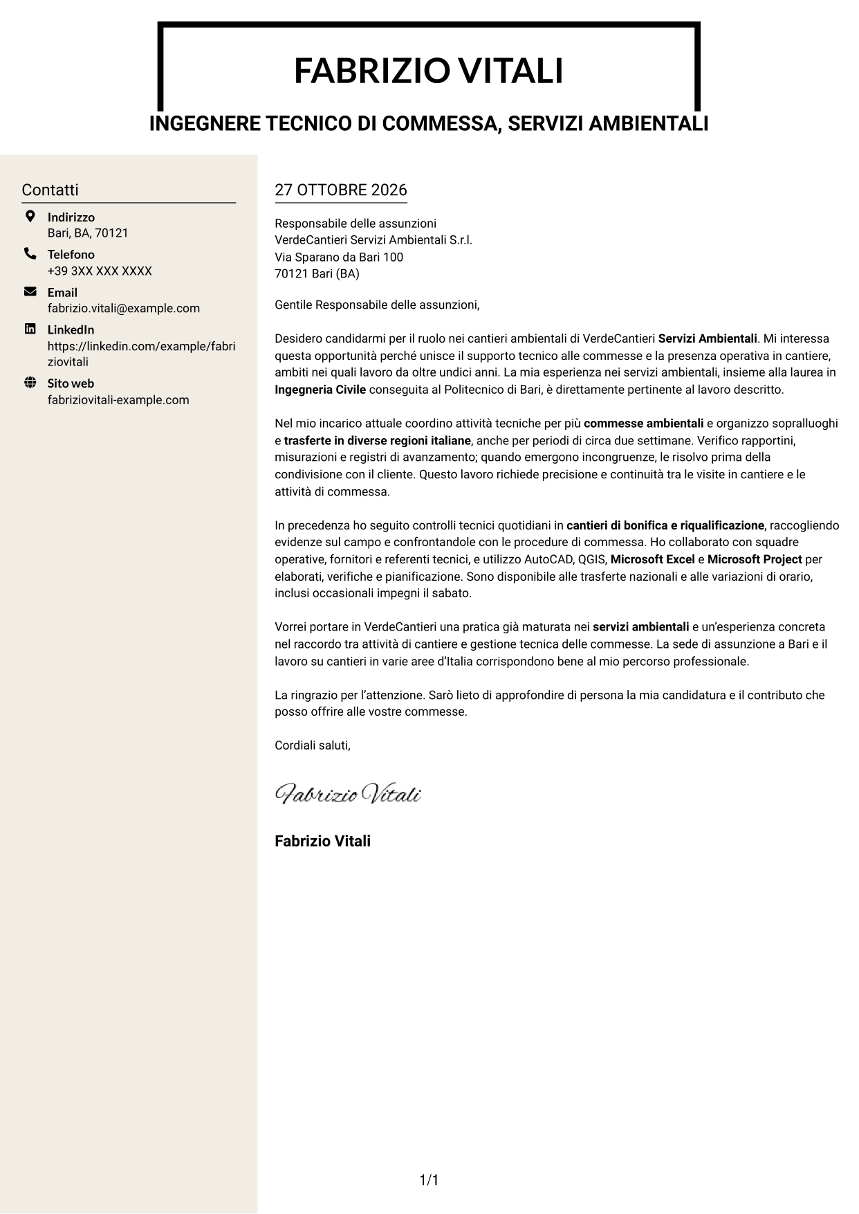 Lettera di presentazione Intraprendente (formato a due colonne con intestazione centrata senza foto): Ingegnere civile/ambientale - Cantieri ambientali, pagina 1