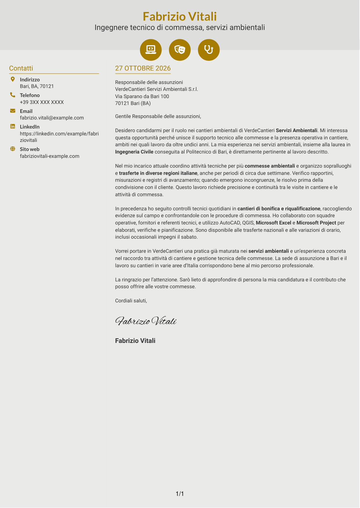 Lettera di presentazione Dinamico (formato a due colonne con icone): Ingegnere civile/ambientale - Cantieri ambientali, pagina 1