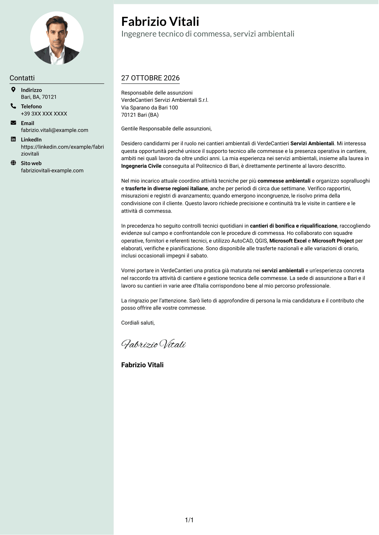 Lettera di presentazione Dirigente (formato con colonna laterale tenue e foto arrotondata): Ingegnere civile/ambientale - Cantieri ambientali, pagina 1