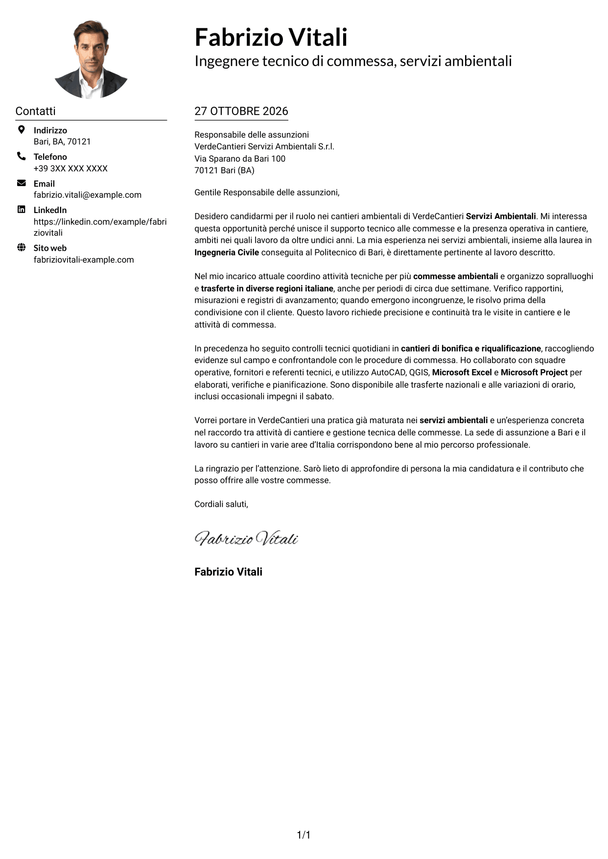 Esempio di lettera di presentazione — pagina 1