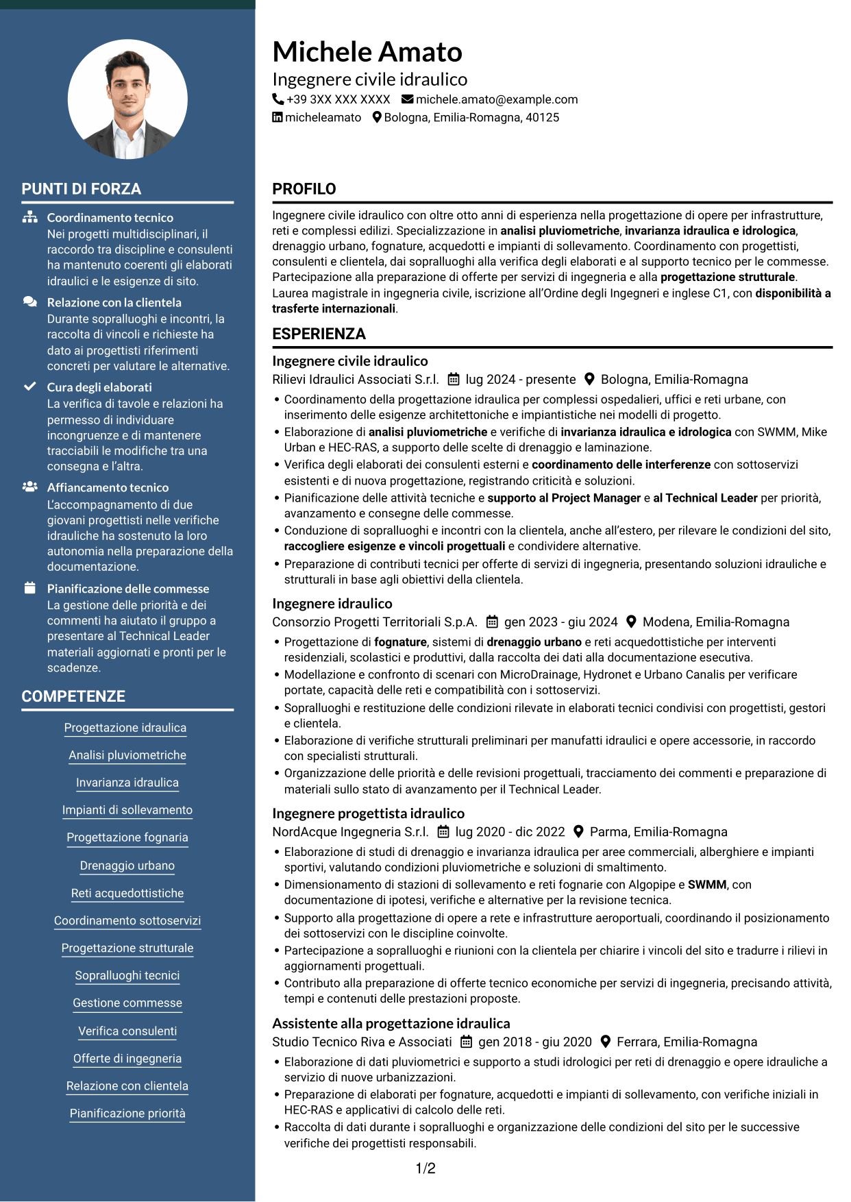 CV Elegante (formato con colonna laterale colorata e foto): Ingegnere civile idraulico, pagina 1