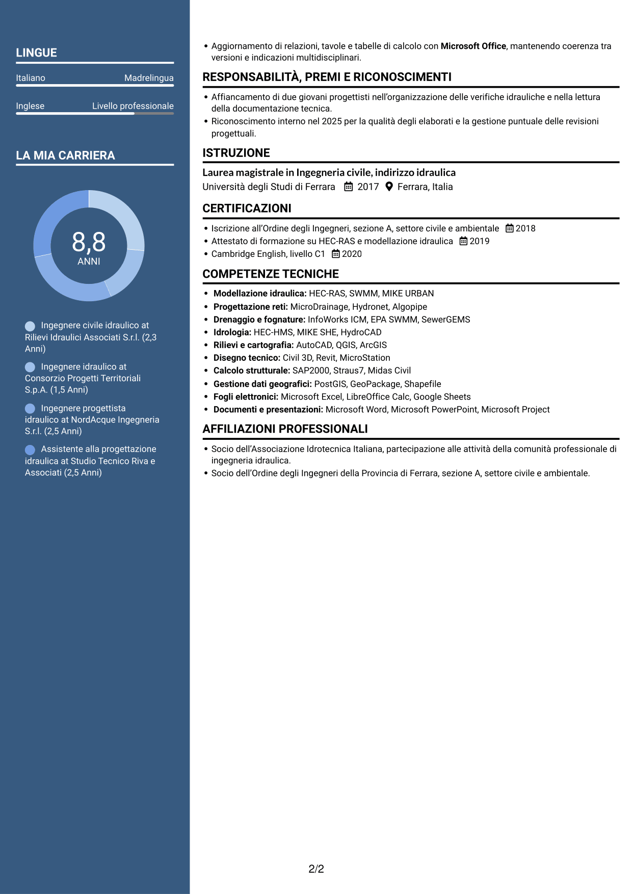 CV Elegante (formato con colonna laterale colorata e foto): Ingegnere civile idraulico, pagina 2
