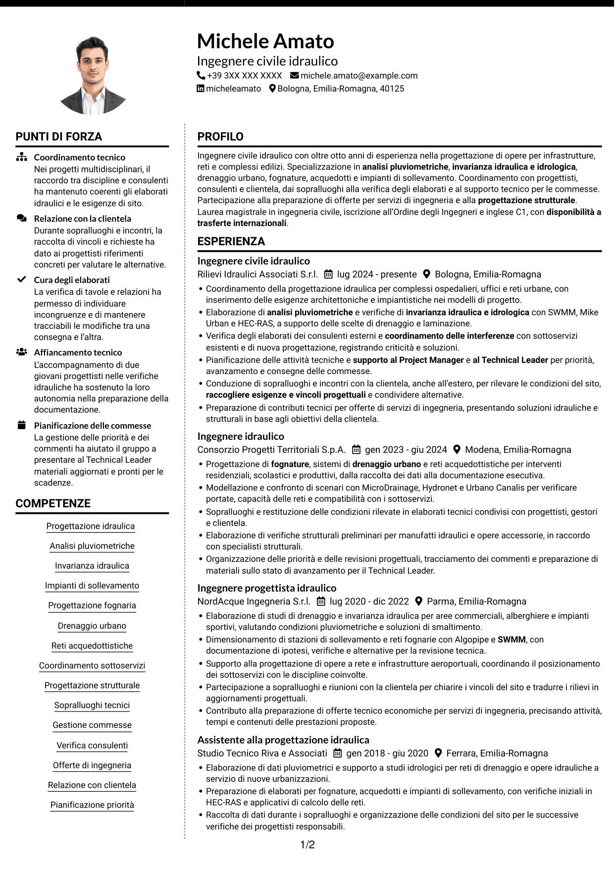 CV Moderno (formato a due colonne con foto a sinistra e separatore): Ingegnere civile idraulico, pagina 1