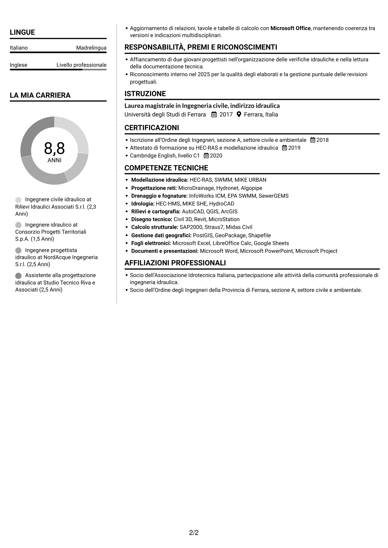 CV Moderno (formato a due colonne con foto a sinistra e separatore): Ingegnere civile idraulico, pagina 2