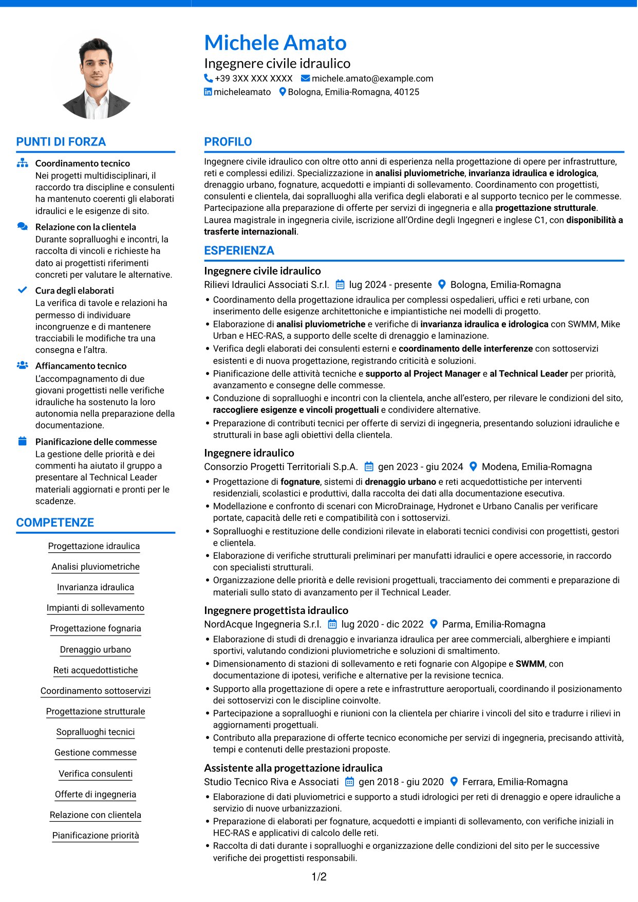 CV Audace (formato a due colonne con accenti colorati e foto): Ingegnere civile idraulico, pagina 1