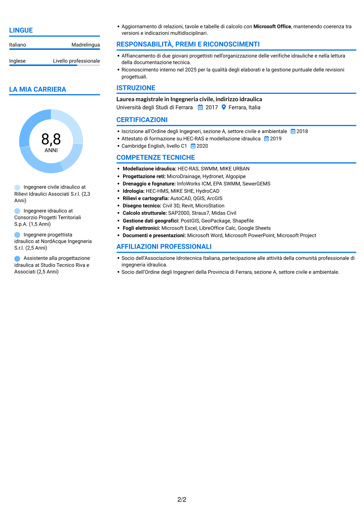 CV Audace (formato a due colonne con accenti colorati e foto): Ingegnere civile idraulico, pagina 2