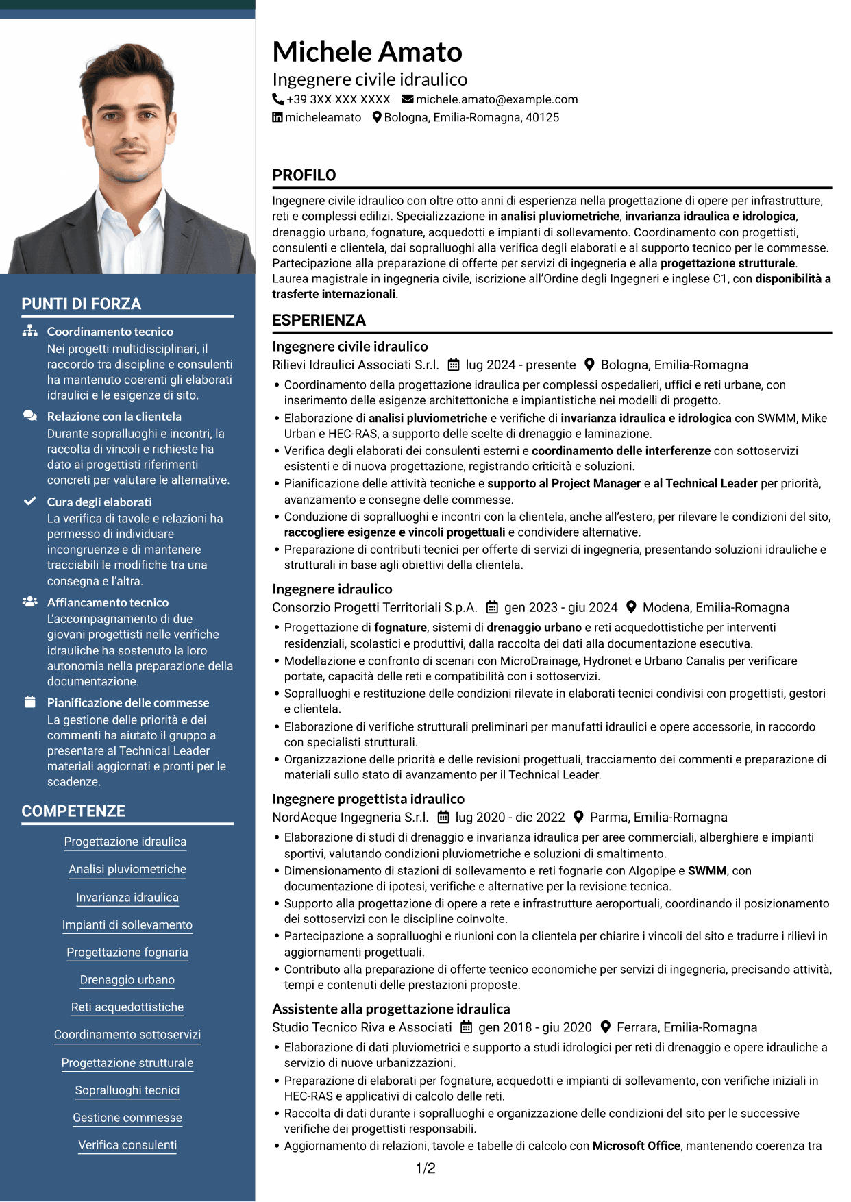 CV Signature (formato con colonna laterale colorata e foto grande): Ingegnere civile idraulico, pagina 1