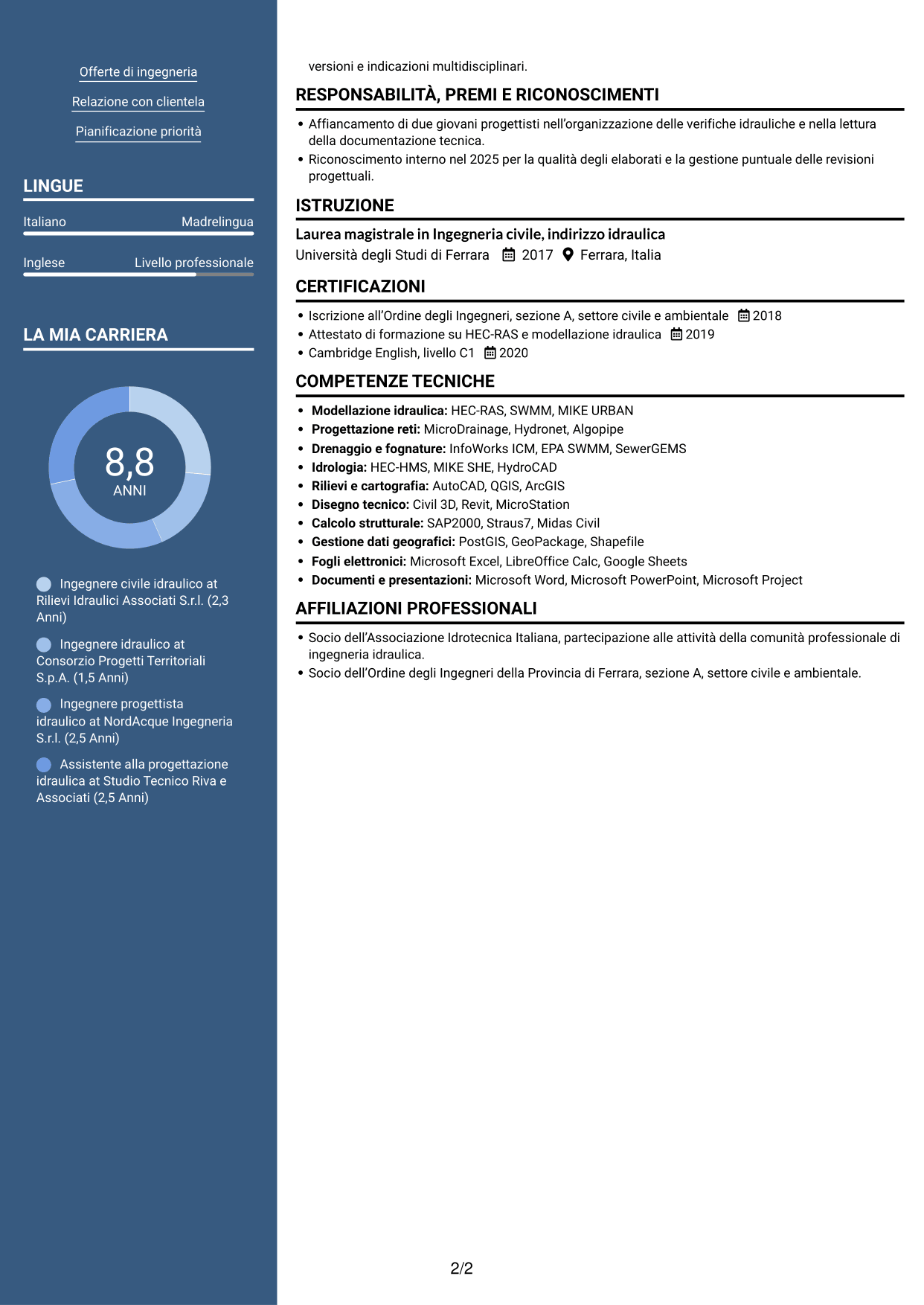 CV Signature (formato con colonna laterale colorata e foto grande): Ingegnere civile idraulico, pagina 2