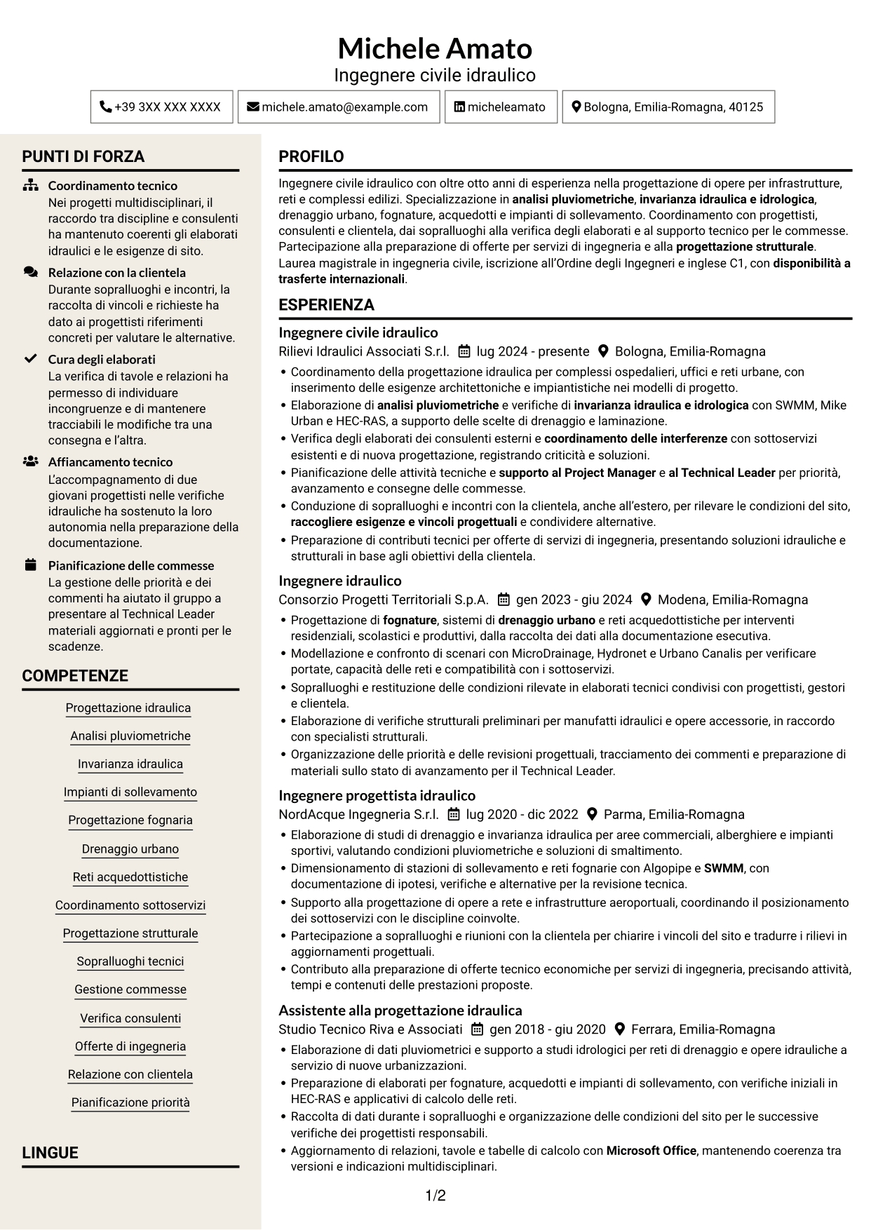 CV Intraprendente (formato a due colonne con intestazione centrata senza foto): Ingegnere civile idraulico, pagina 1