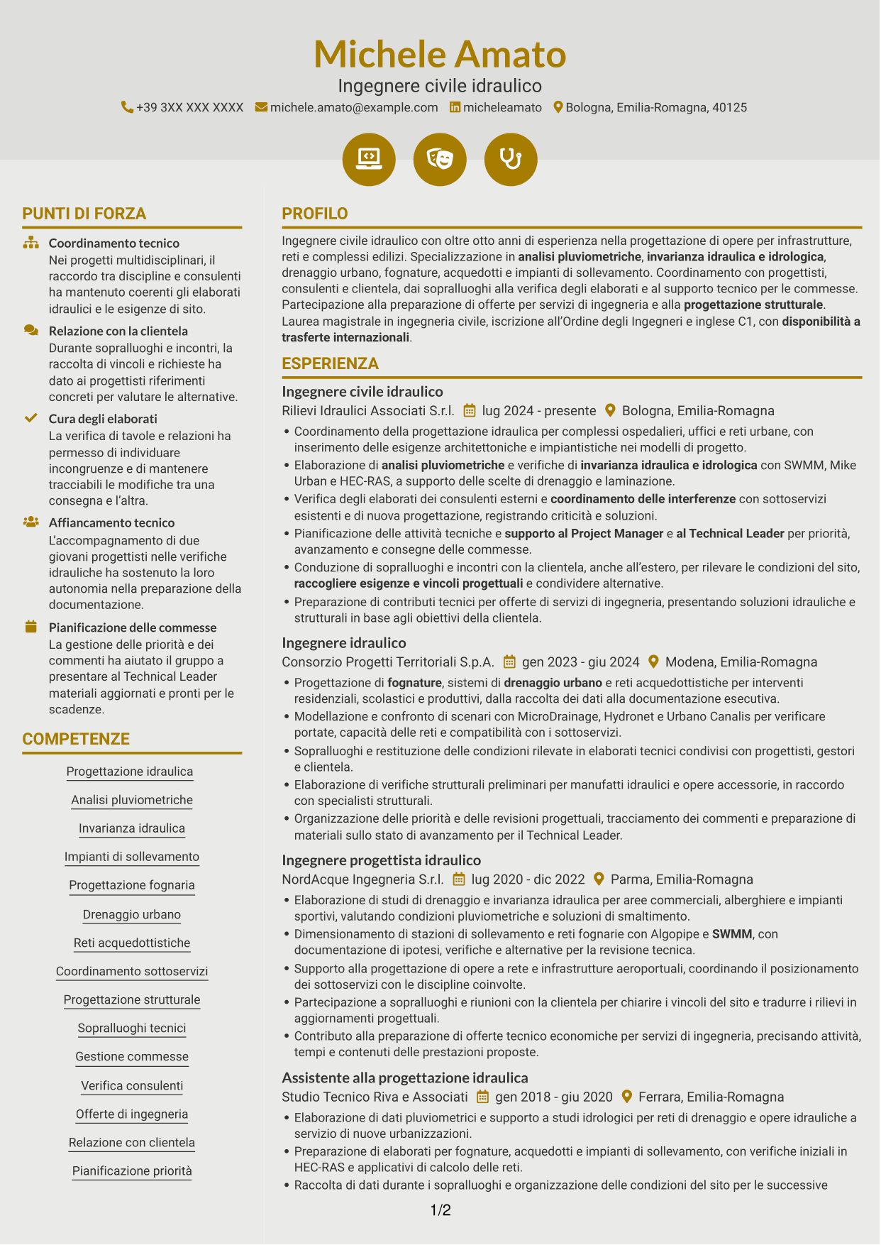 CV Dinamico (formato a due colonne con icone): Ingegnere civile idraulico, pagina 1