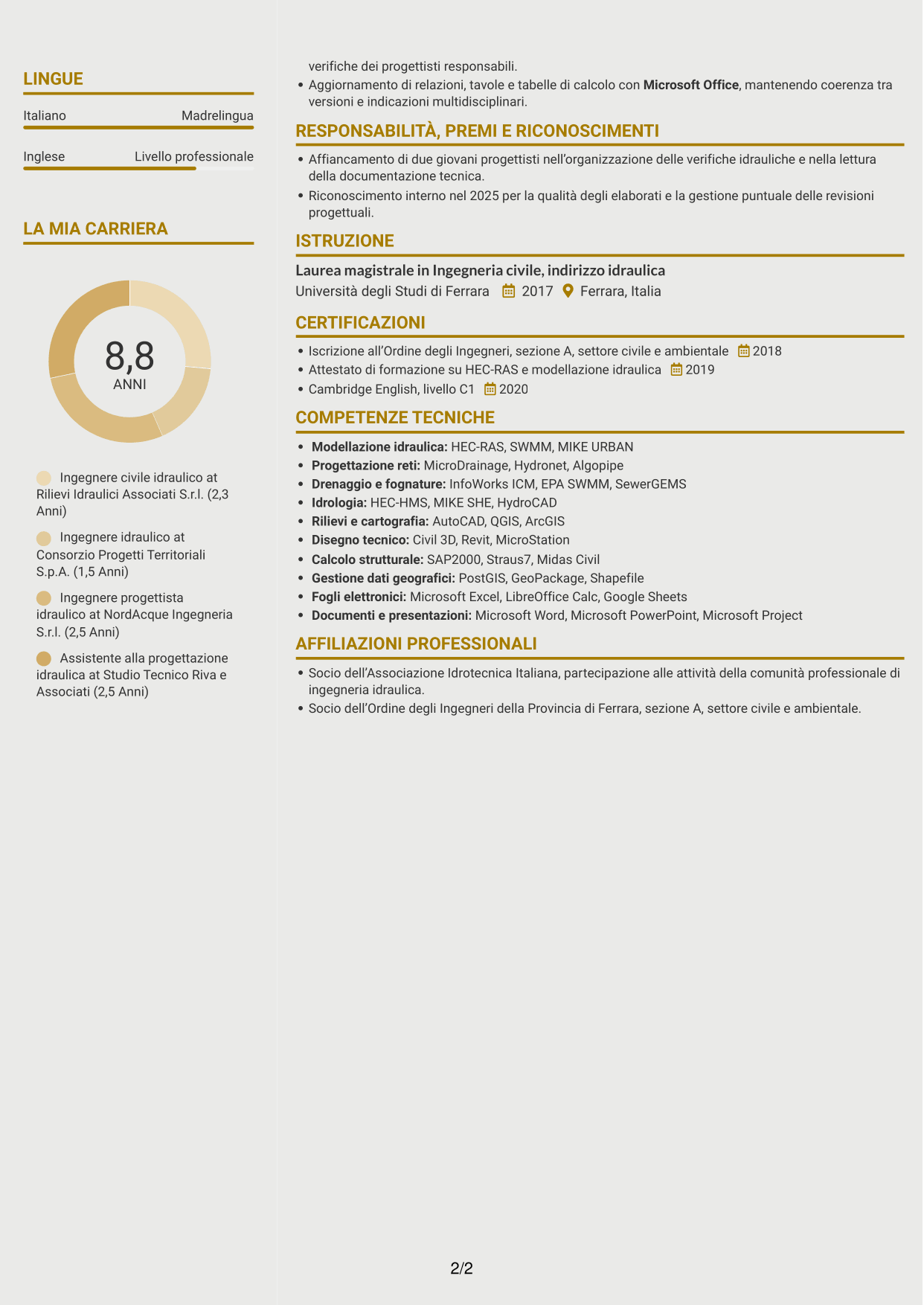 CV Dinamico (formato a due colonne con icone): Ingegnere civile idraulico, pagina 2