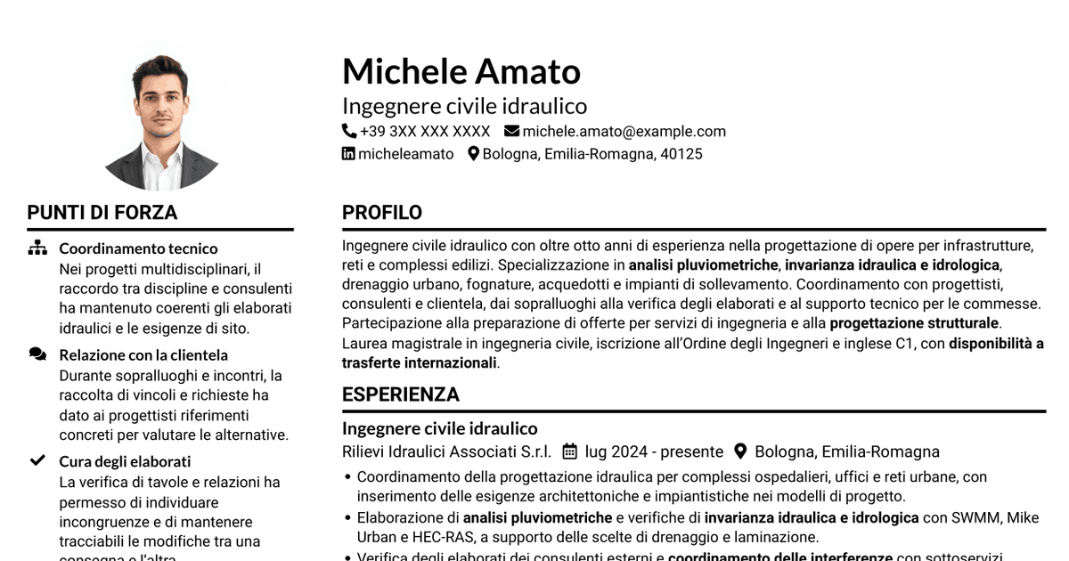 7 modelli di CV per Ingegnere civile idraulico, con esempi