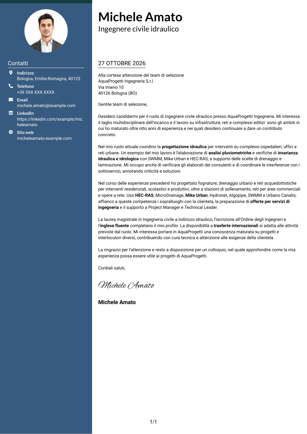 Lettera di presentazione Elegante (formato con colonna laterale colorata e foto): Ingegnere civile idraulico, pagina 1