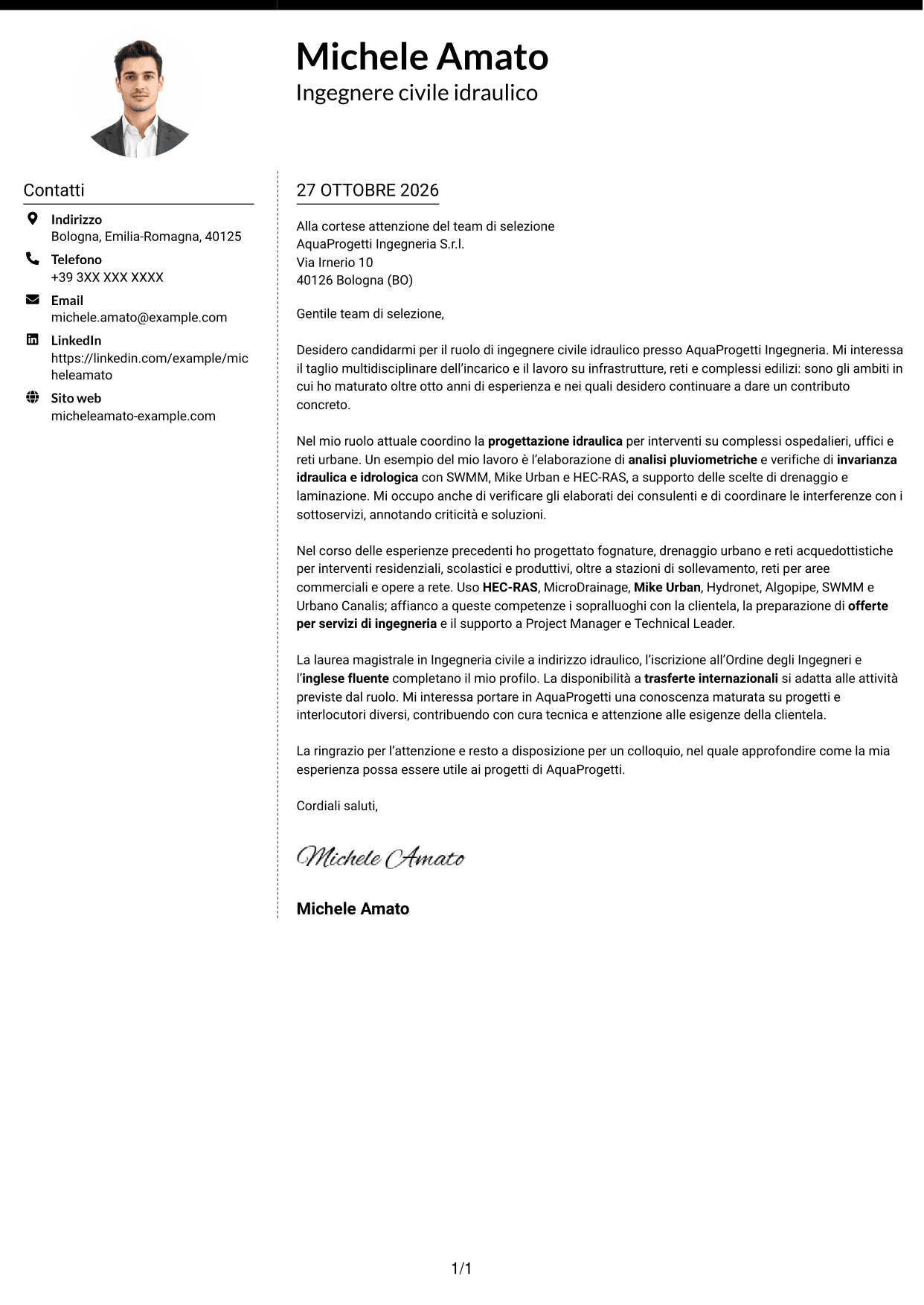 Lettera di presentazione Moderno (formato a due colonne con foto a sinistra e separatore): Ingegnere civile idraulico, pagina 1