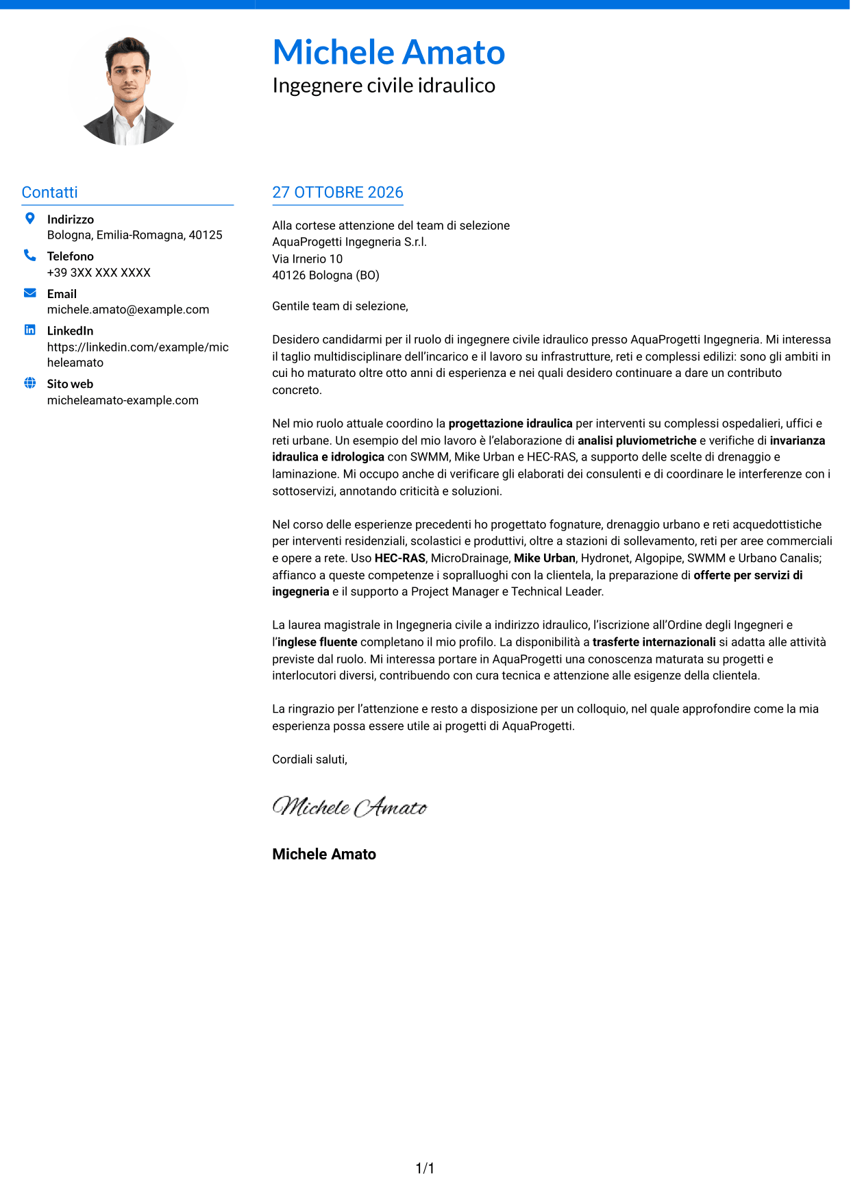 Lettera di presentazione Audace (formato a due colonne con accenti colorati e foto): Ingegnere civile idraulico, pagina 1