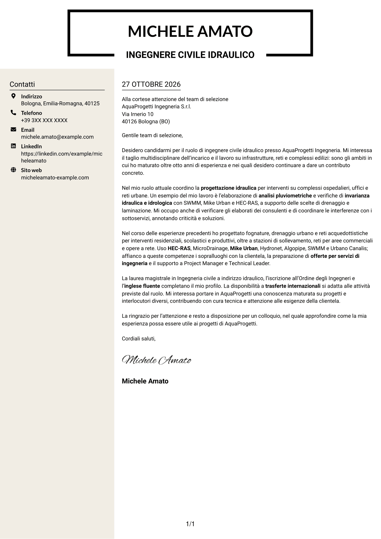 Lettera di presentazione Intraprendente (formato a due colonne con intestazione centrata senza foto): Ingegnere civile idraulico, pagina 1