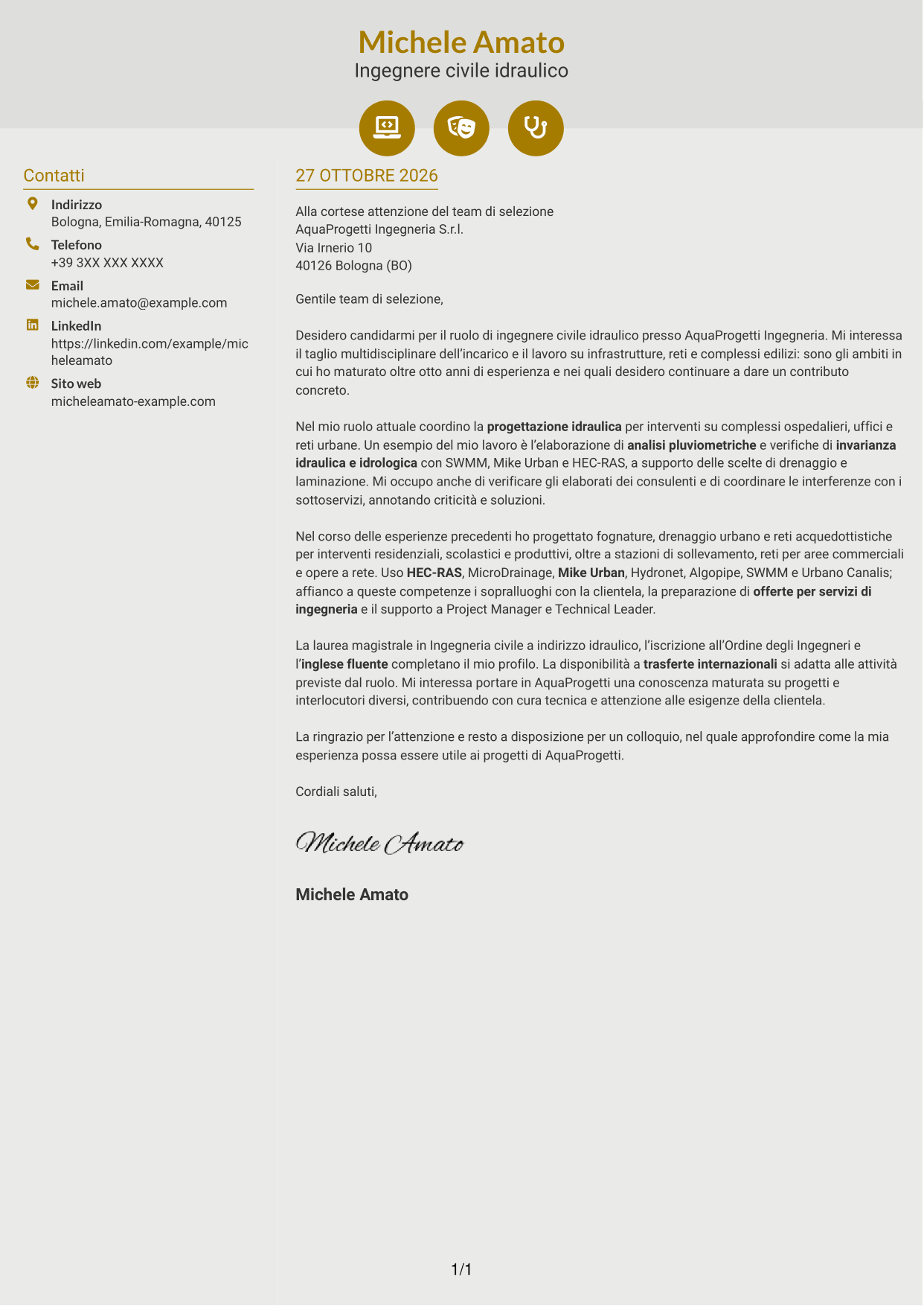 Lettera di presentazione Dinamico (formato a due colonne con icone): Ingegnere civile idraulico, pagina 1